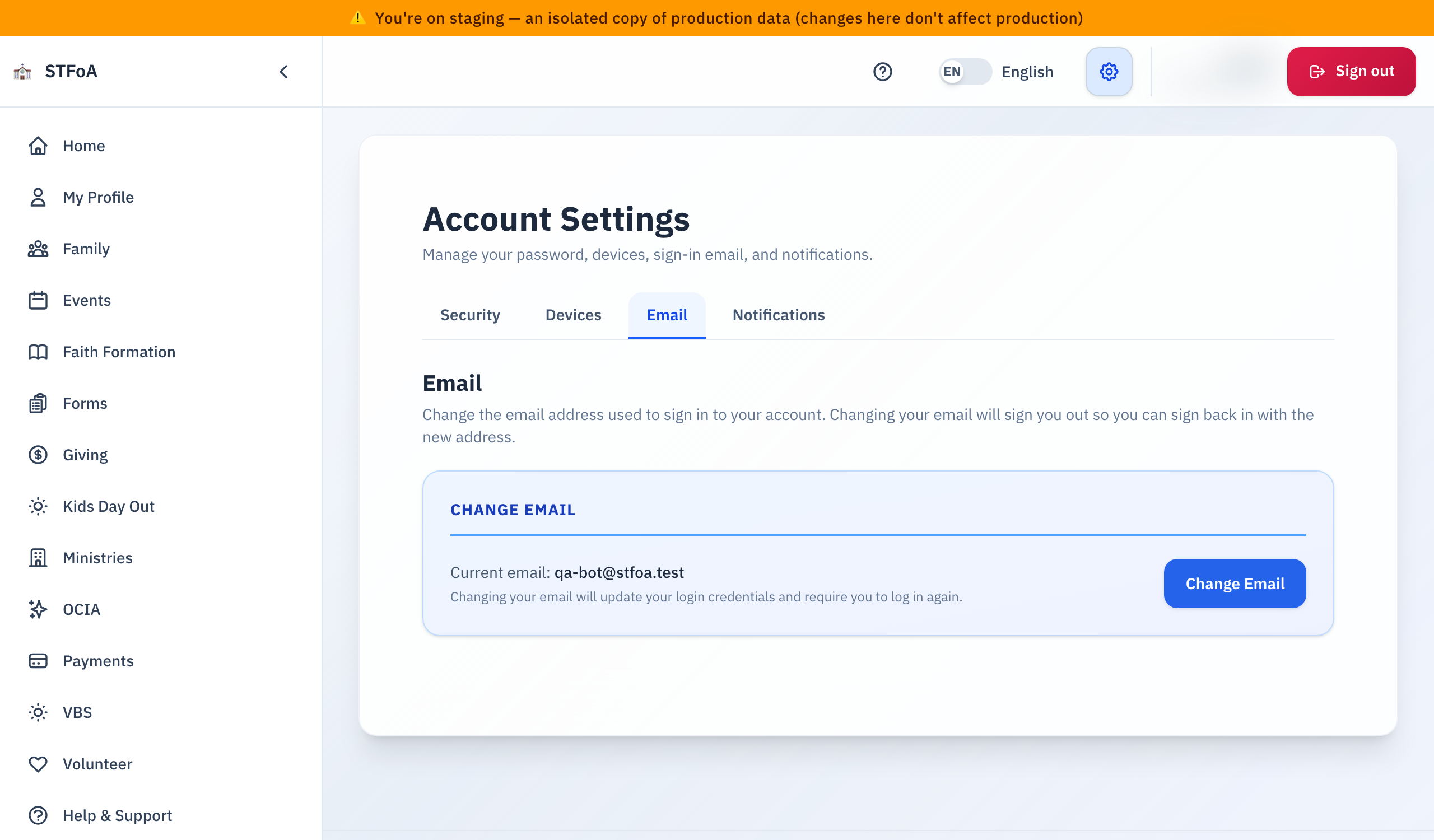 The Account Settings page, with the Email tab selected and the current sign-in email shown above the Change Email button.