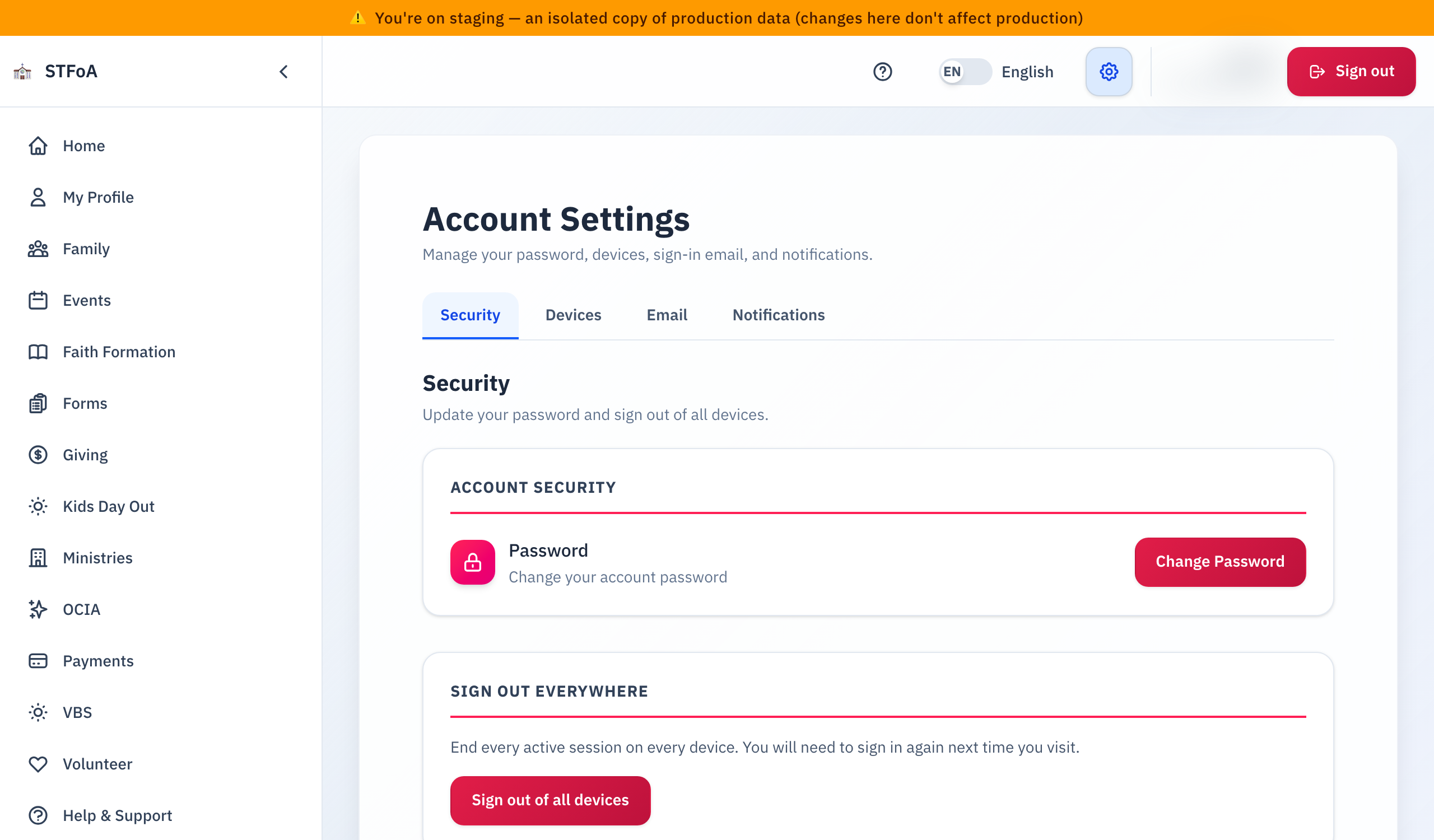 The Security tab: the Account Security card with Change Password, and the Sign out everywhere card below it.