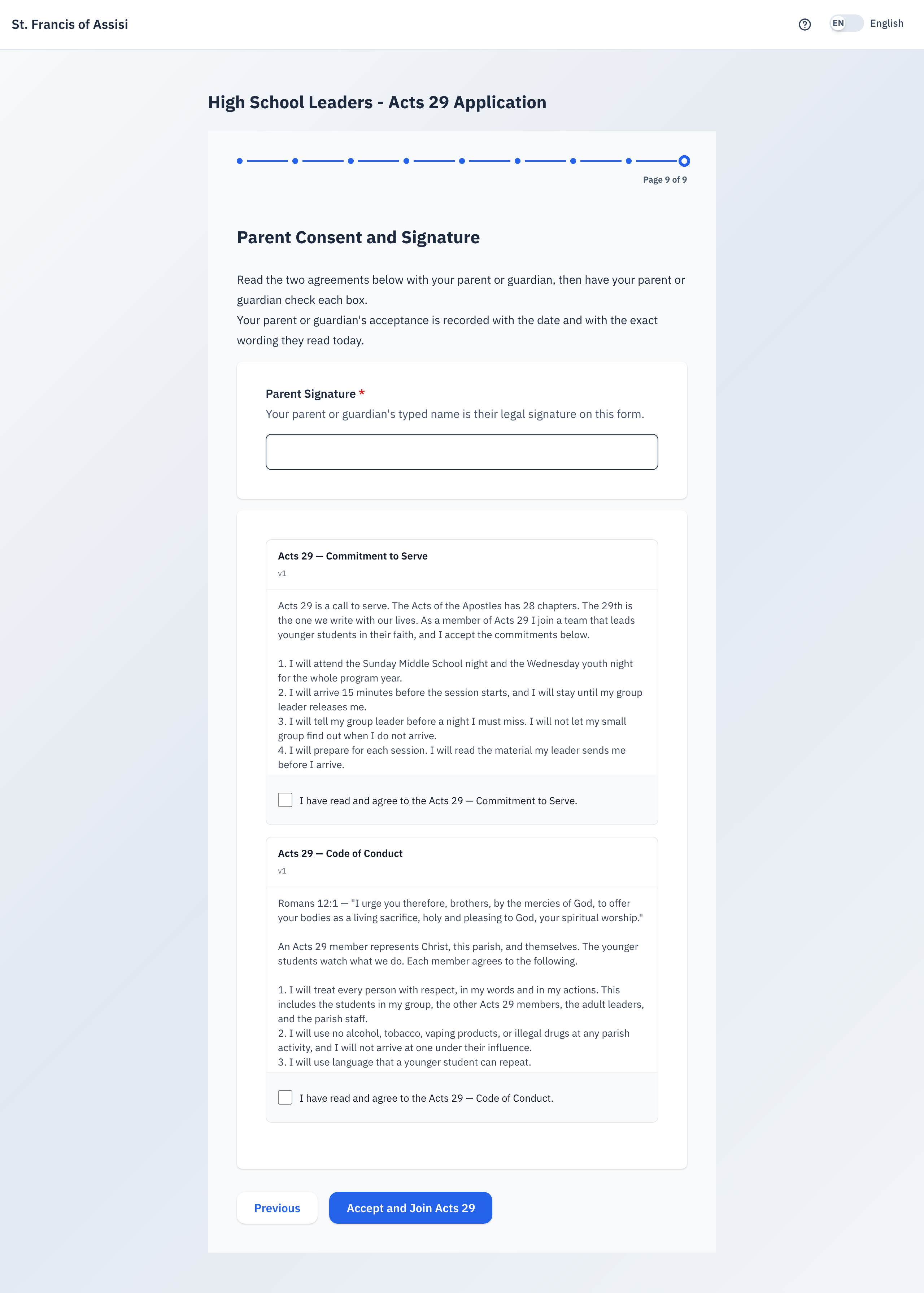 The last page. The two agreements, each with its own box to check, and the Parent Signature field.