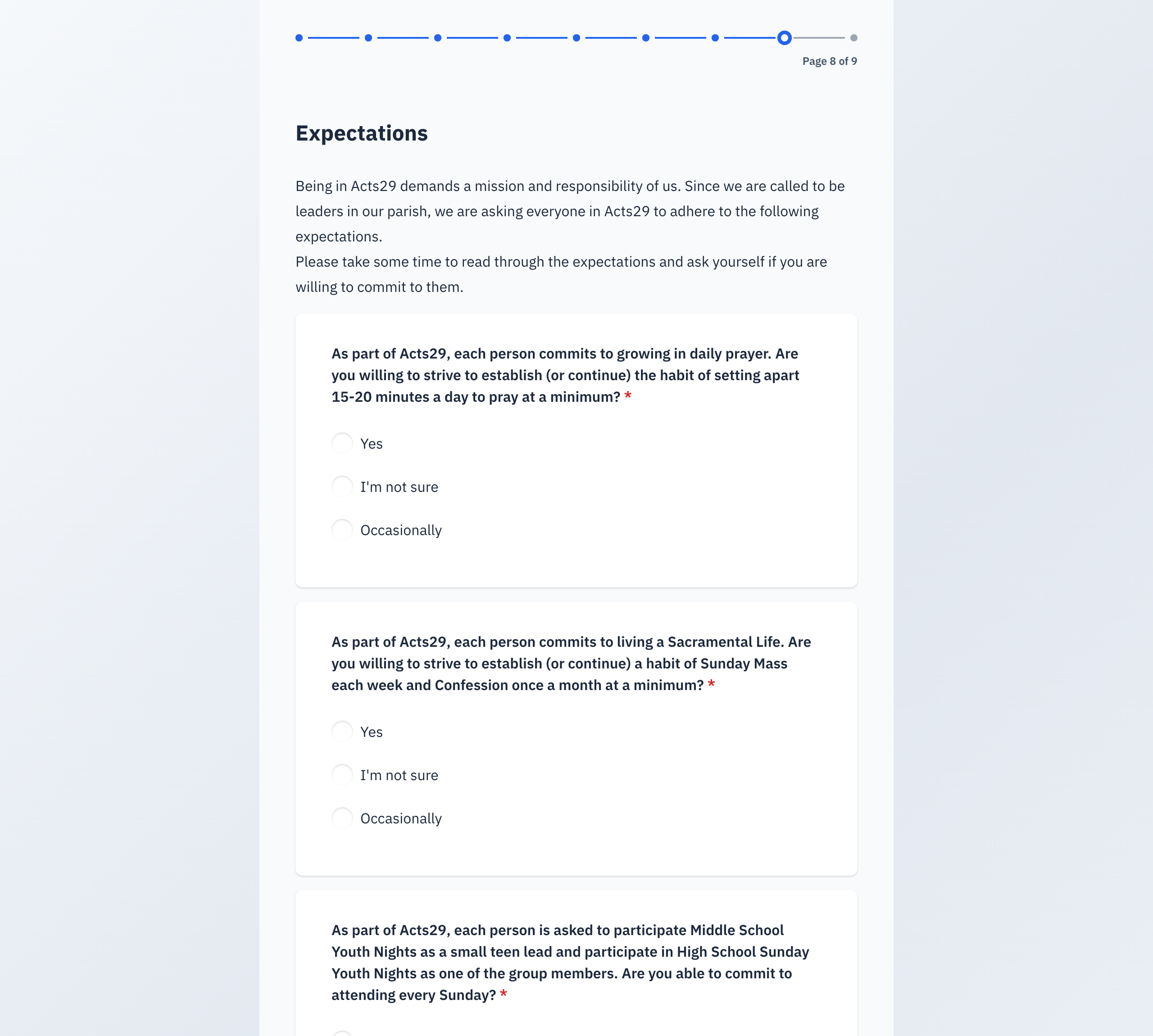 Page 8, Expectations. Four commitments, each answered Yes, I'm not sure, or Occasionally.