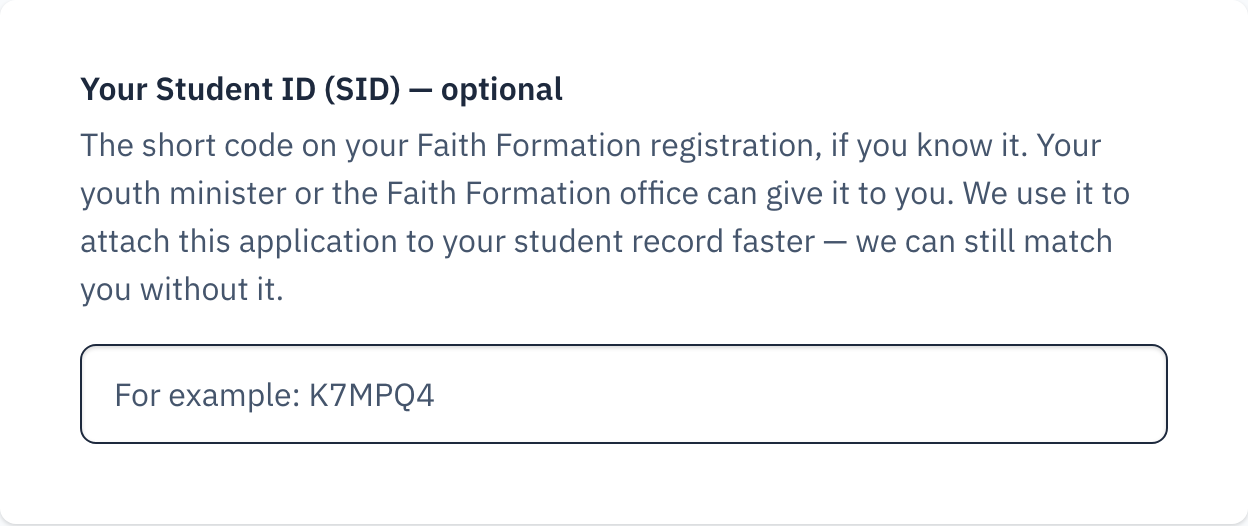 The Student ID question on page 1. The question says "optional" and carries no red asterisk.