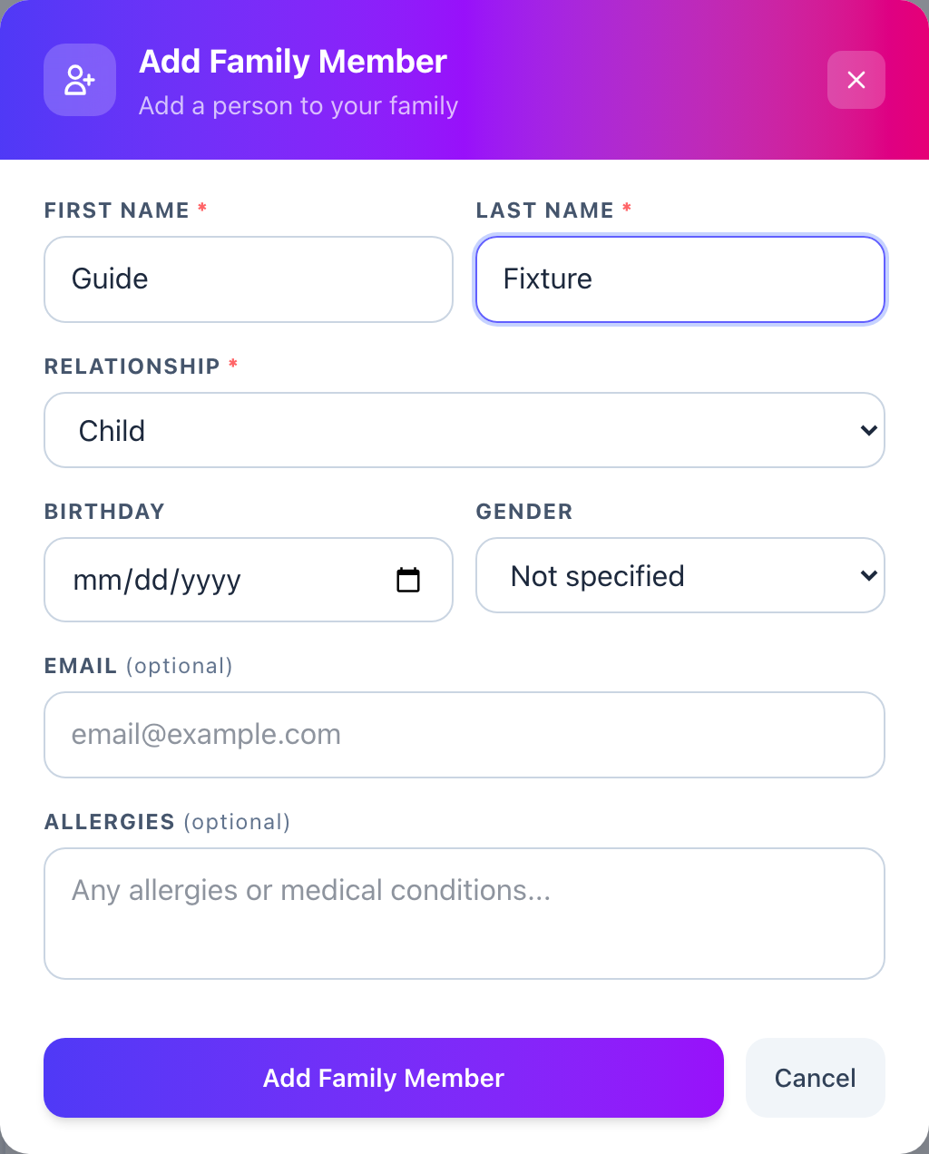 The Add Family Member form, with First Name and Last Name filled in.