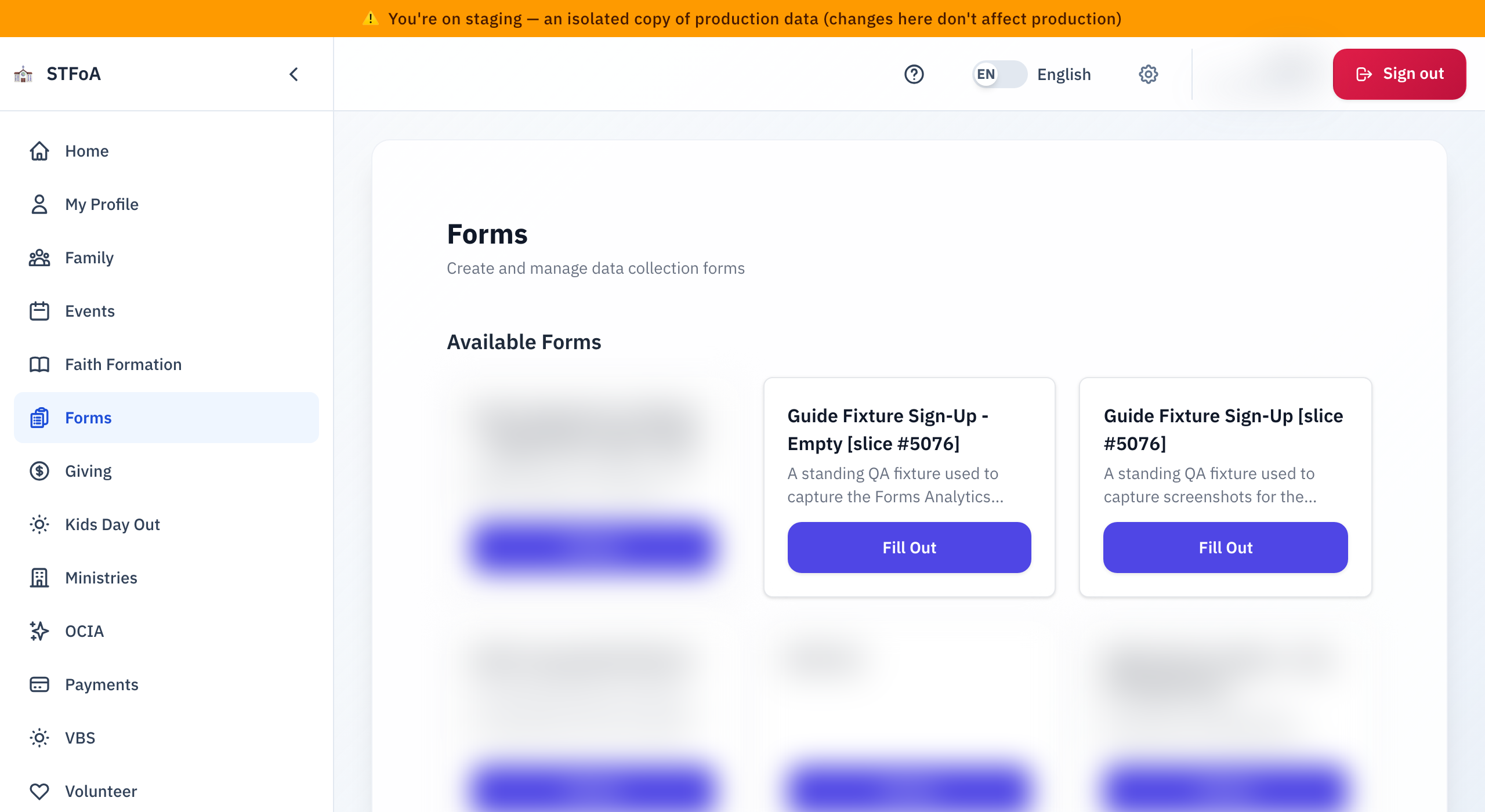 The Forms page, with an open form ready to fill out.