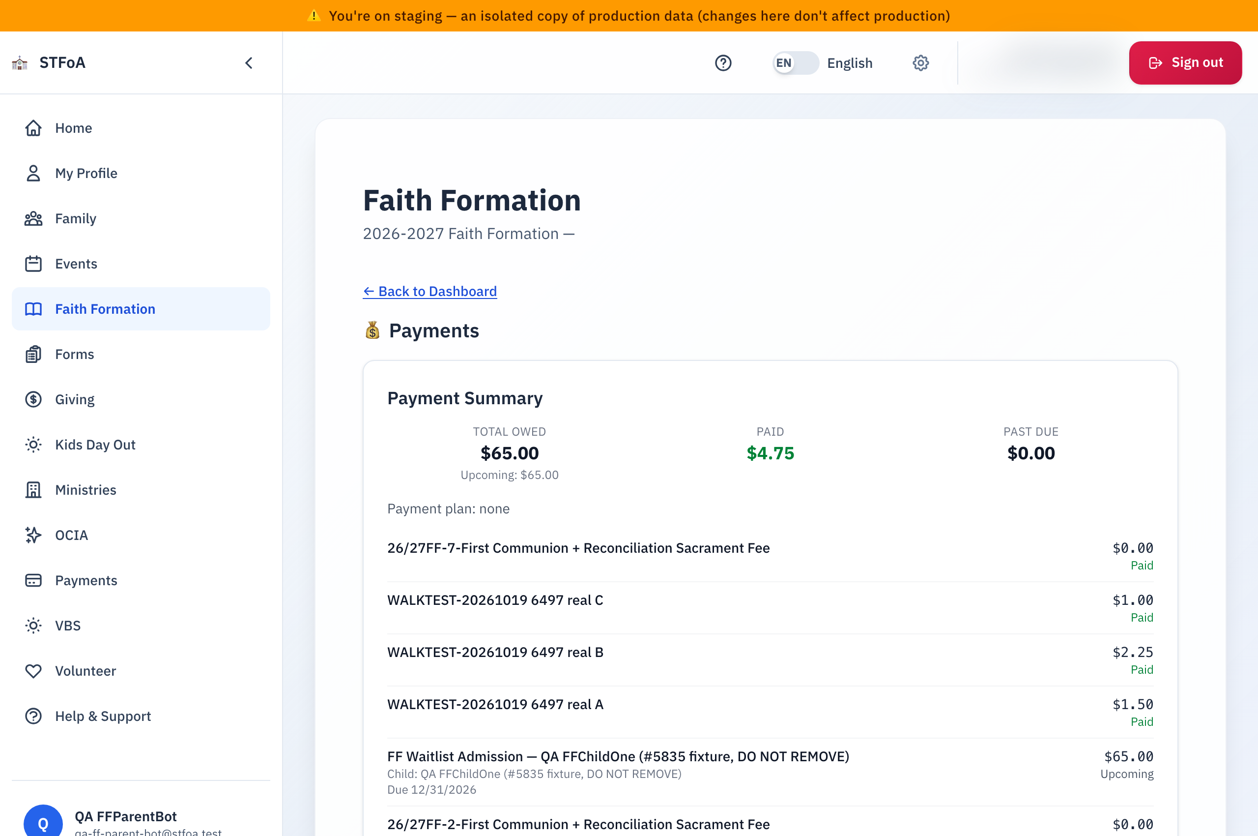 The Payments tab, showing Total Due, Paid, Remaining, and a payment progress bar.
