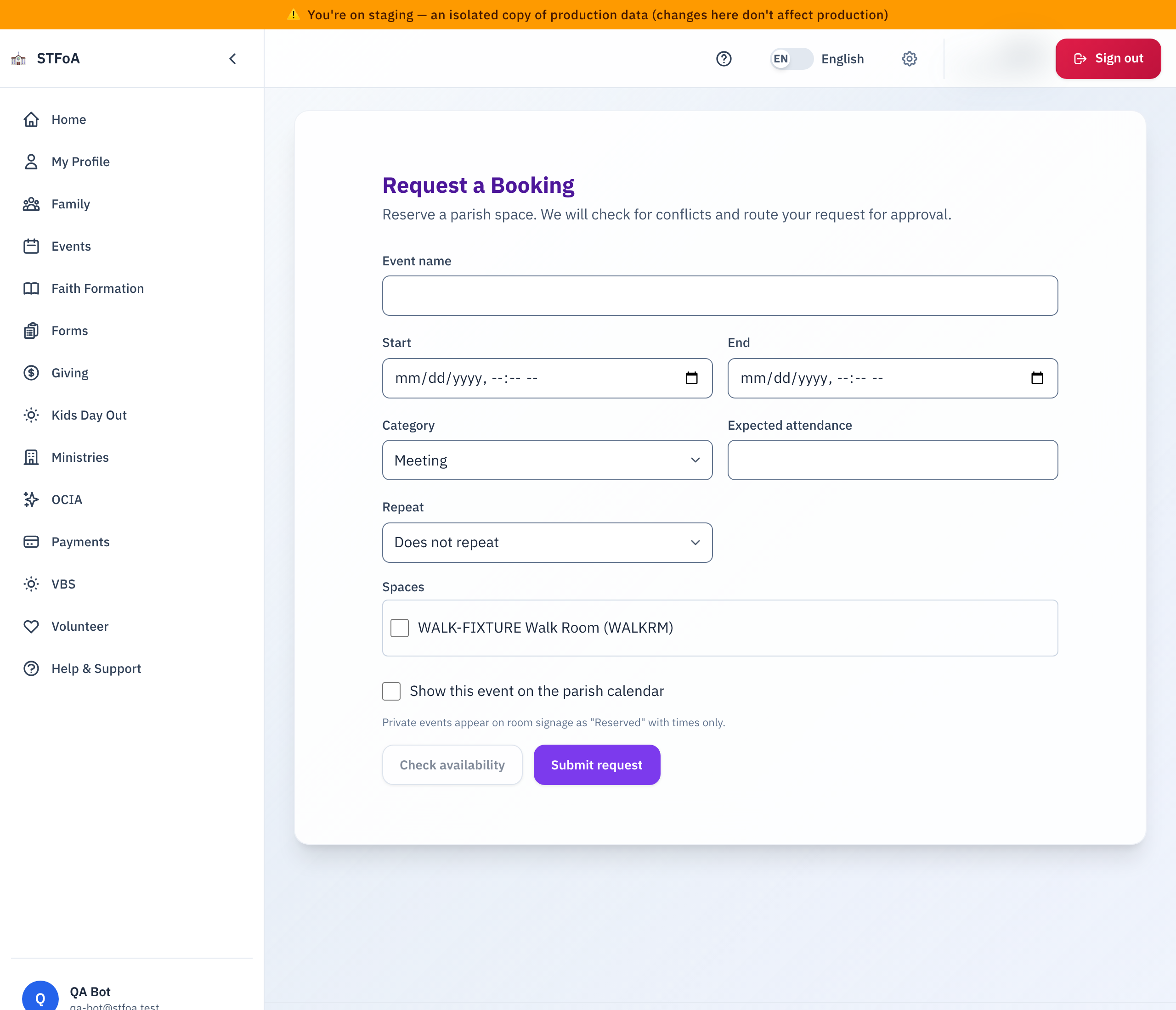 The booking request form.
