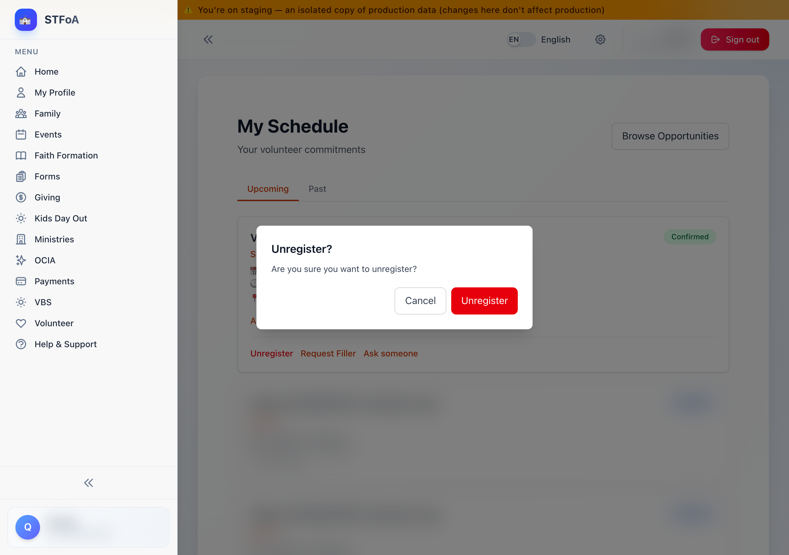 The confirmation dialog after selecting Unregister.