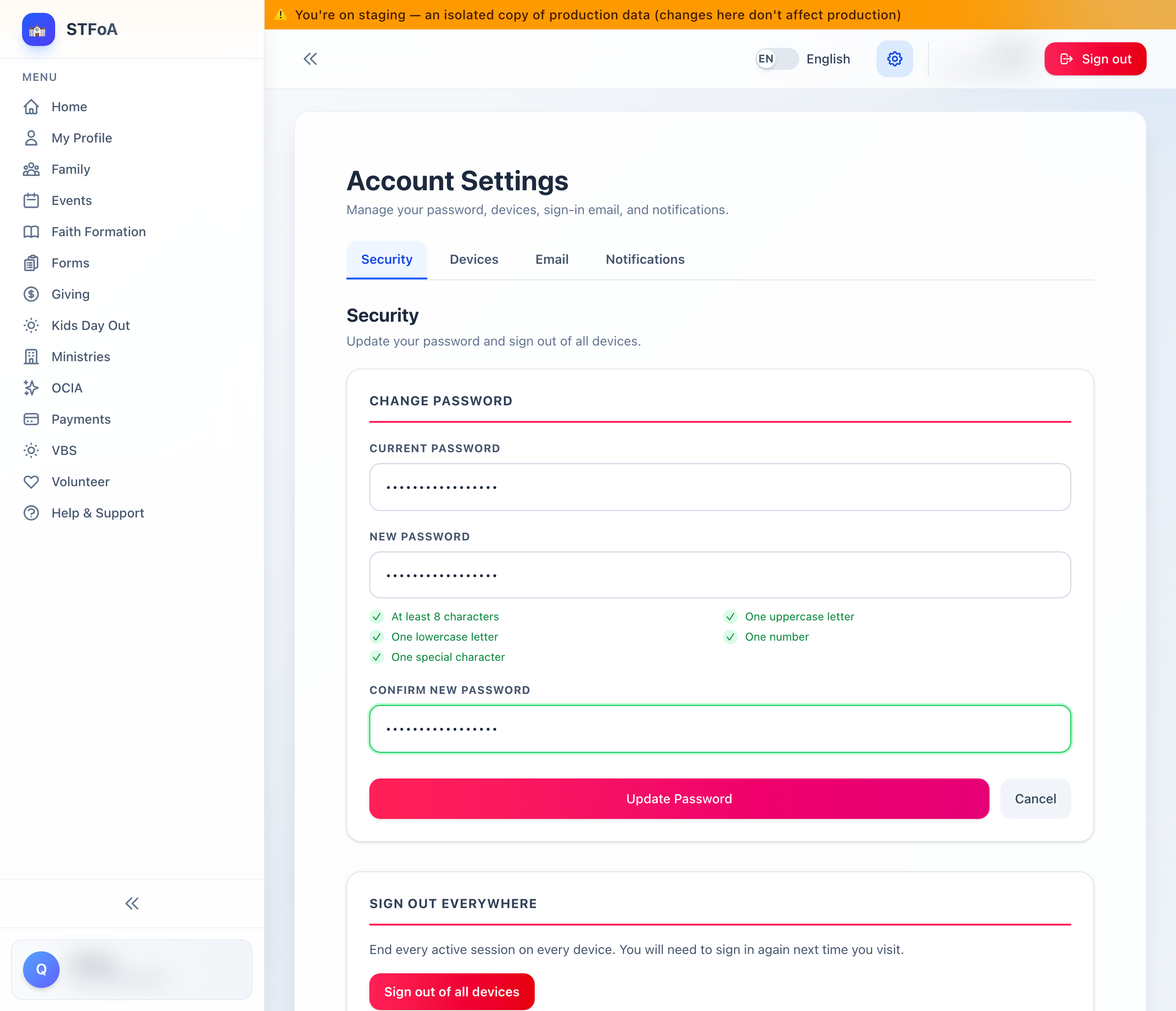 The Change Password form open, with the current, new, and confirm password boxes and the rule checklist.