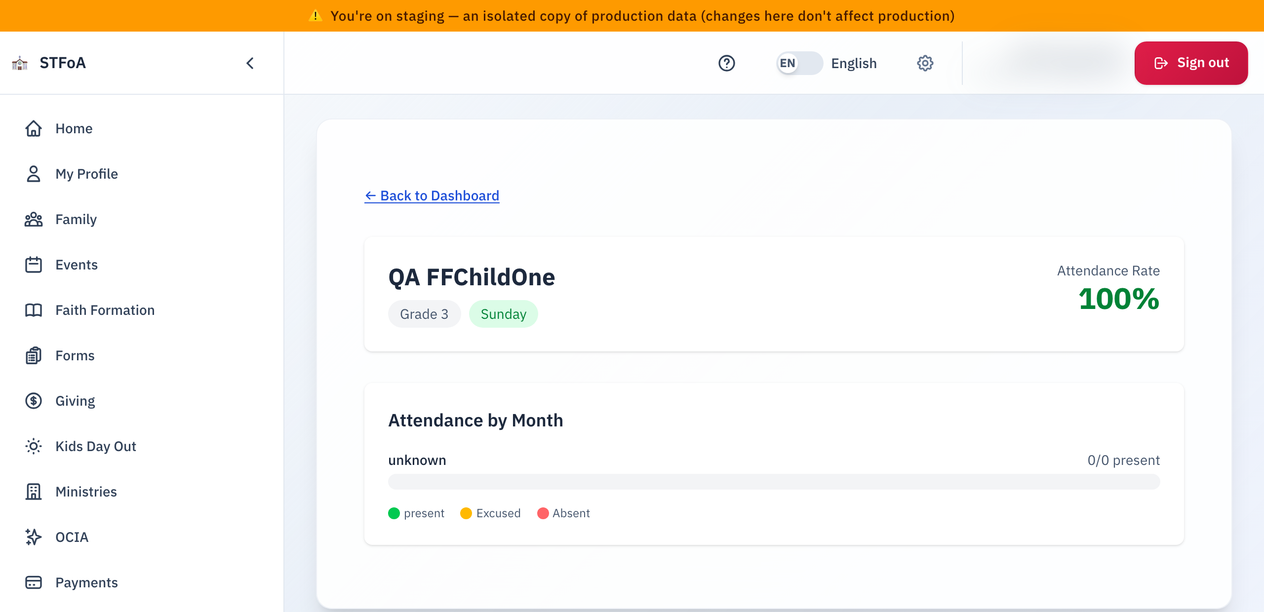 The top of a child's Faith Formation page, showing their name, grade, group, and attendance rate.