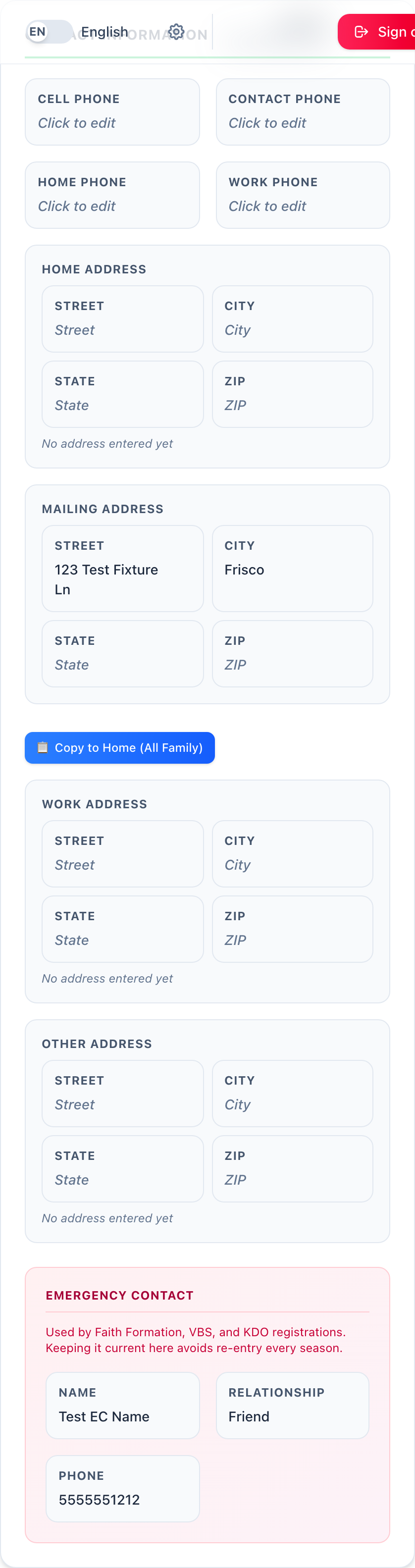 The Contact Information panel, with the Copy to Home button.