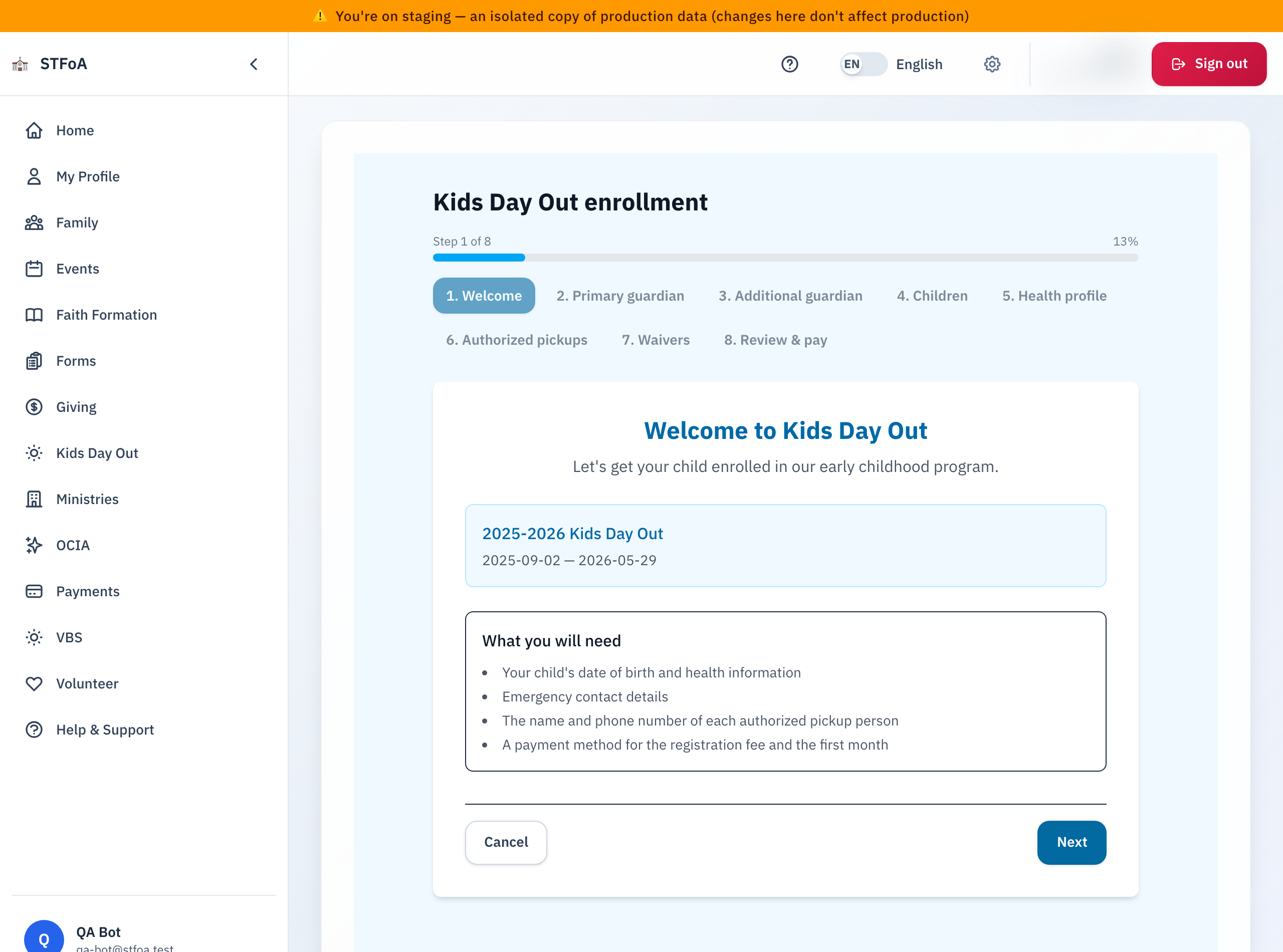 The Kids Day Out enrollment wizard's Welcome step, showing the eight steps and what you will need.