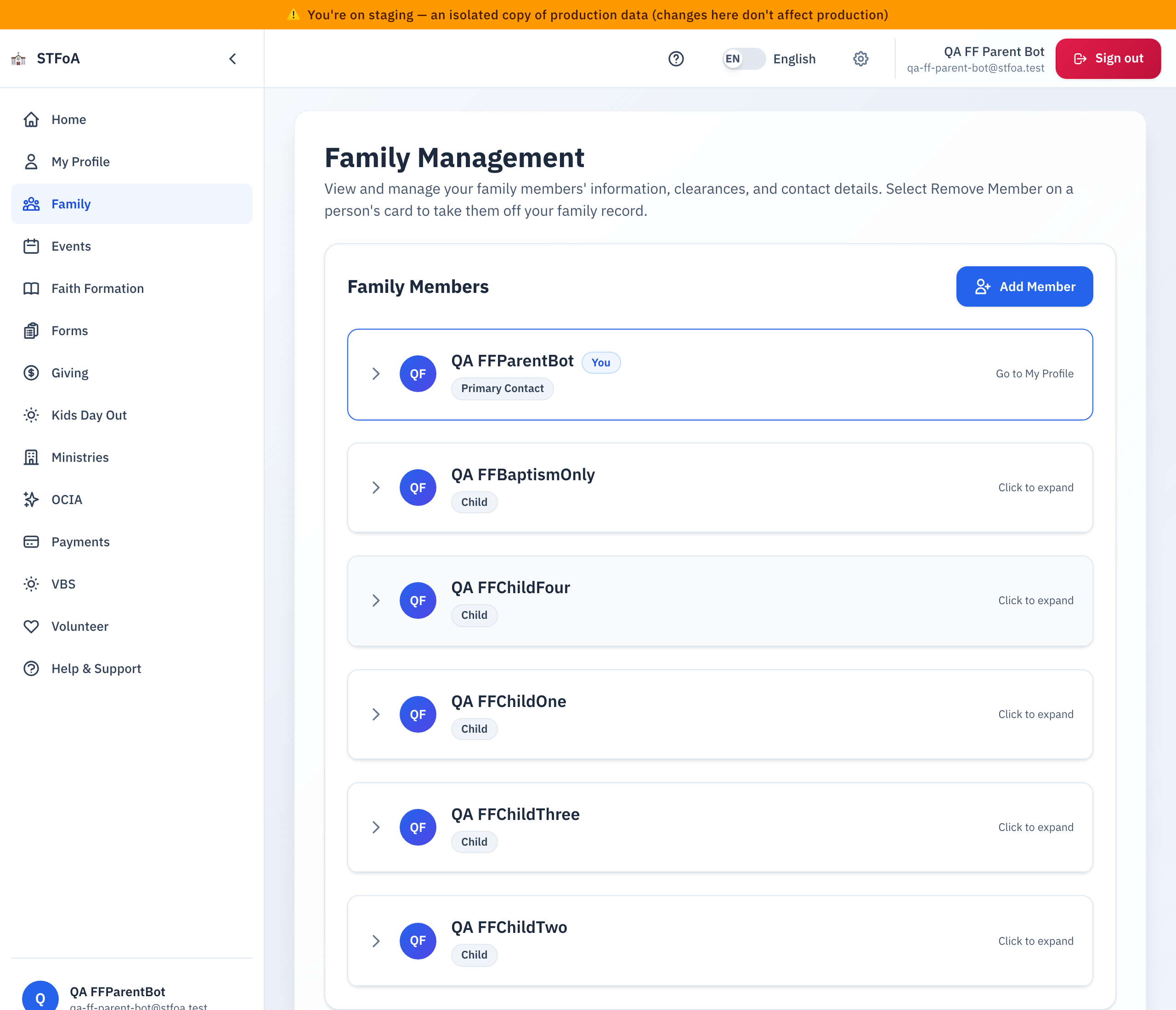 Your family list. Each card shows a name, a role, and whether it opens or goes to your profile.