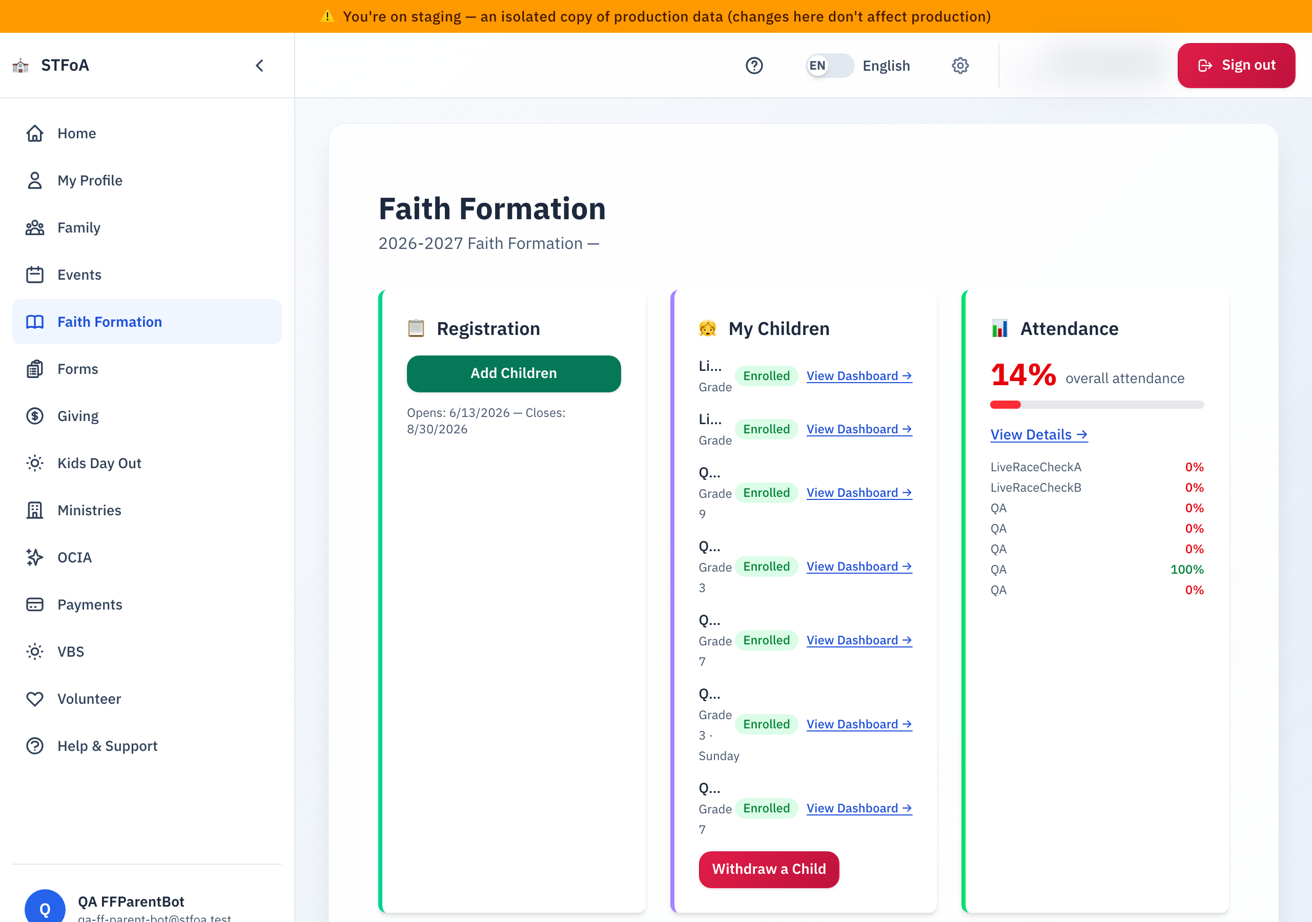 The Faith Formation dashboard. The Parent Meetings card shows the next meeting and a link to view all of them.