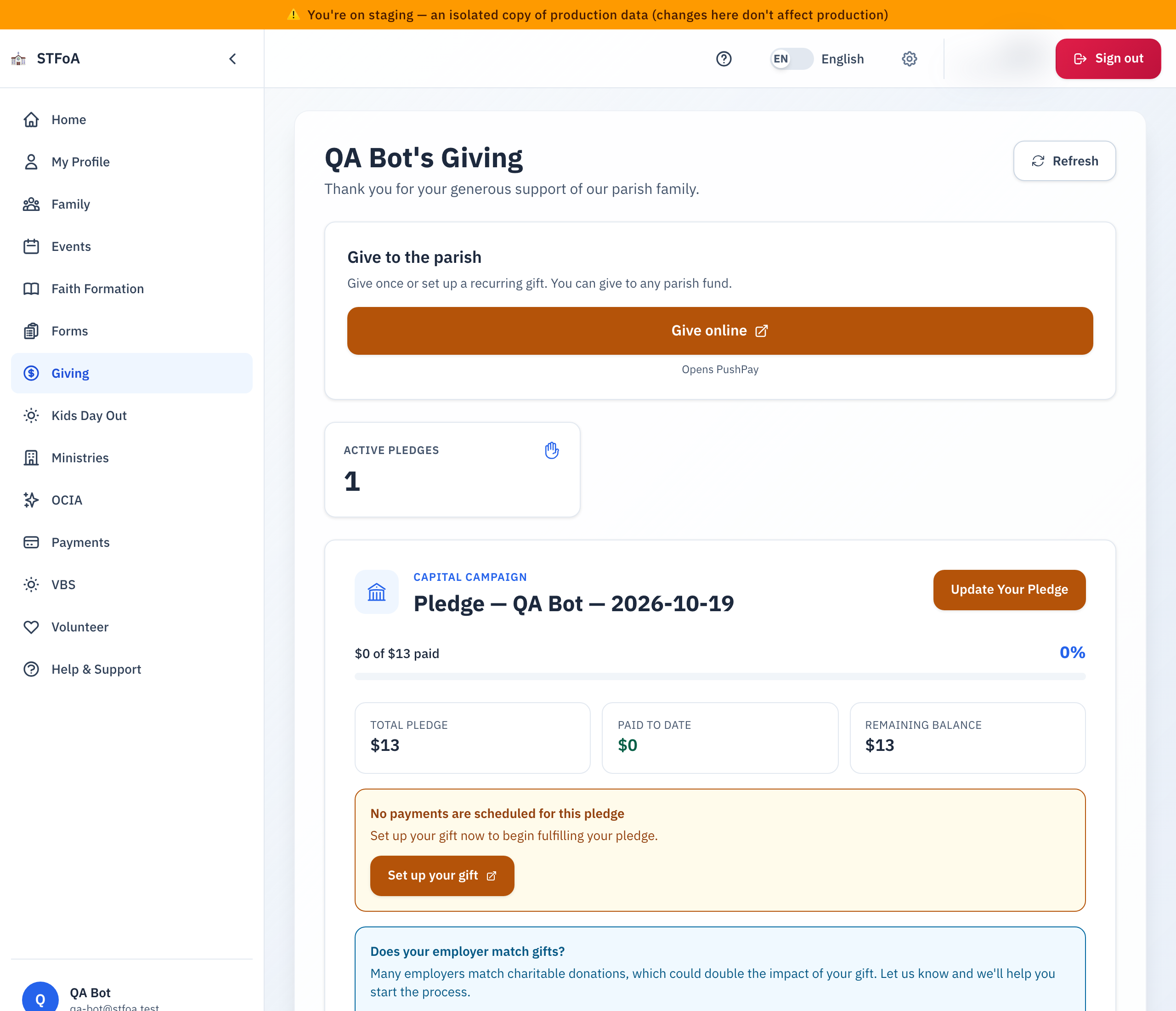 The giving page: the Give online card and the pledge card.