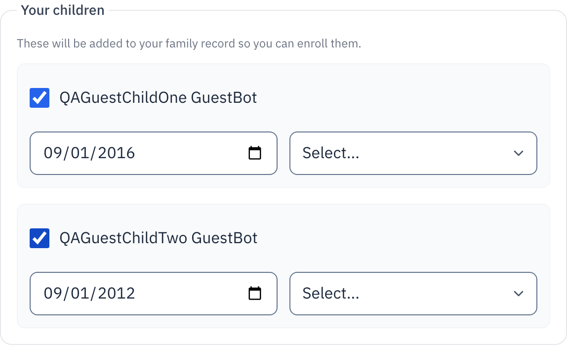 The Your children section, showing one child's name, an included checkbox, and their date of birth and gender boxes.