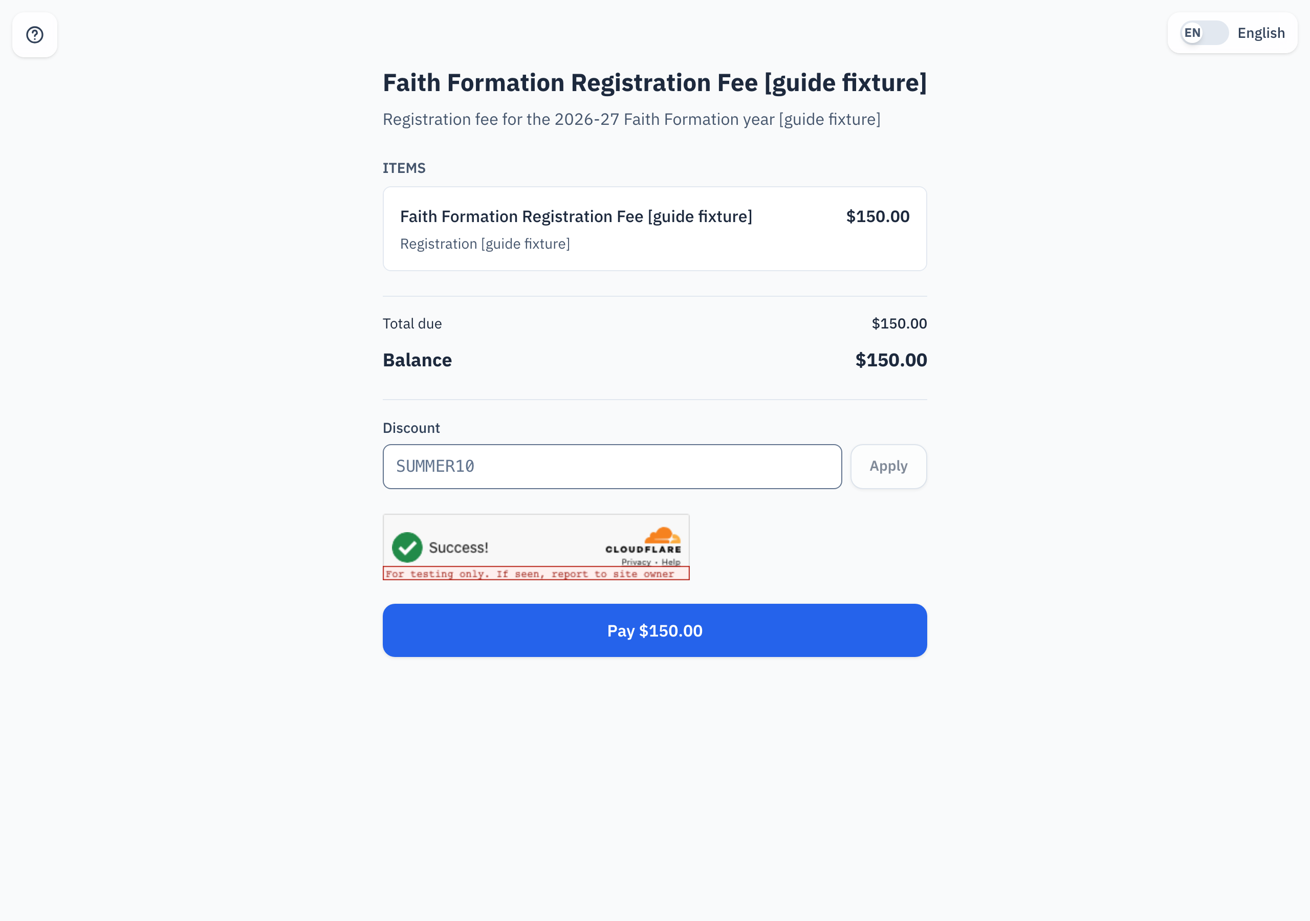 The invoice page, with its total, balance, and Pay button.