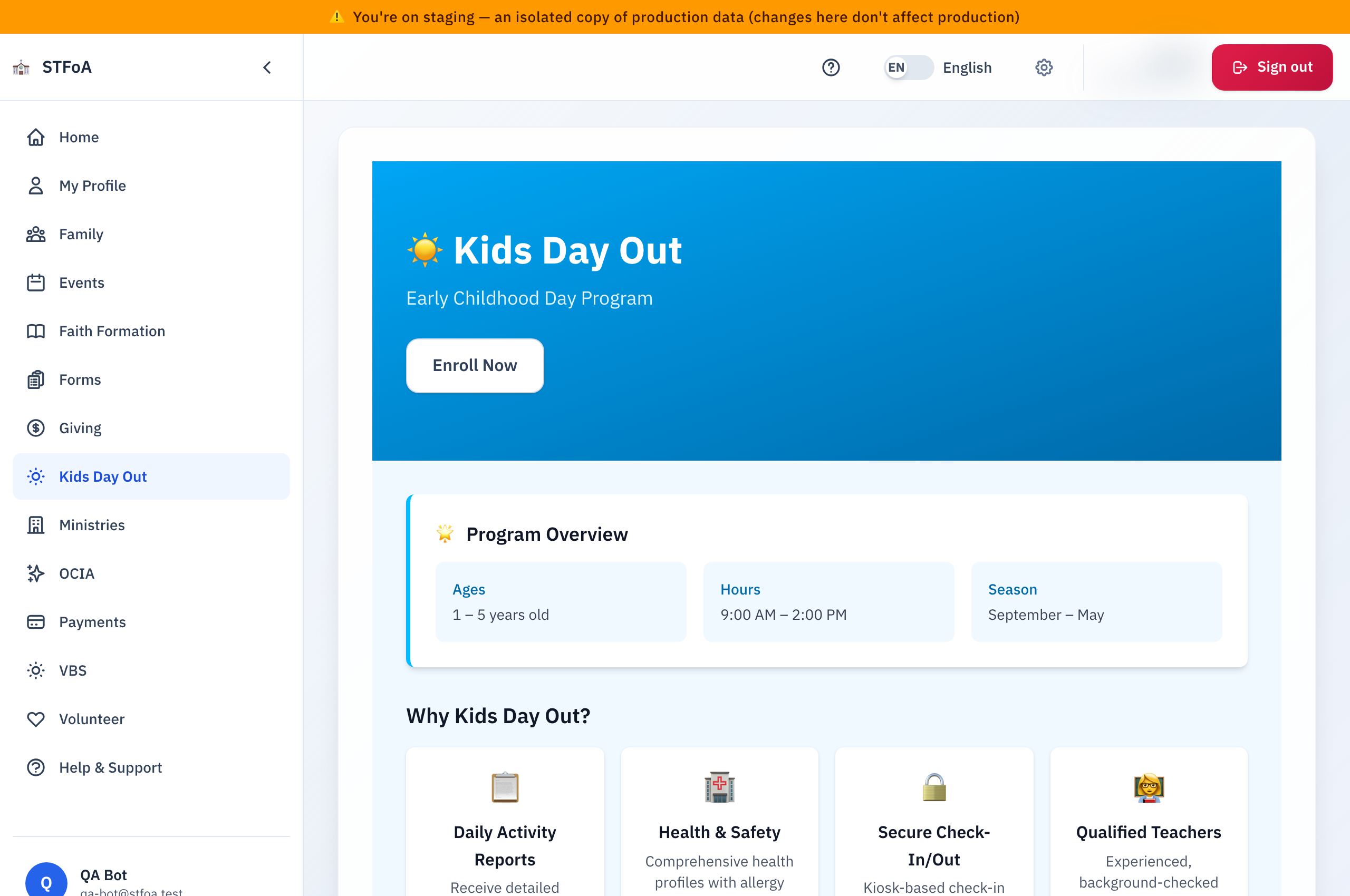 The Kids Day Out landing page, with the program overview and an Enroll Now button.