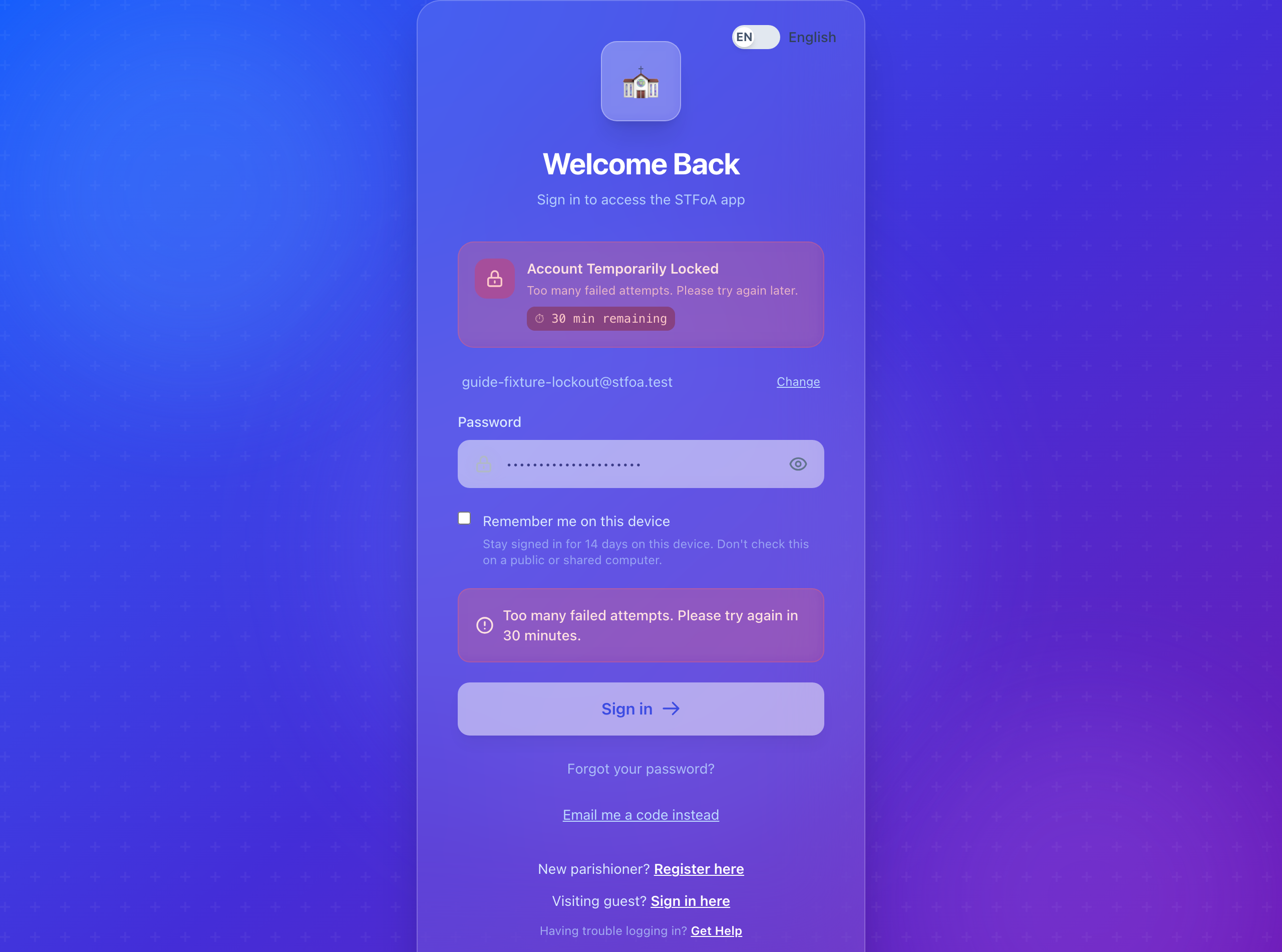 The account-locked banner, with the countdown timer.