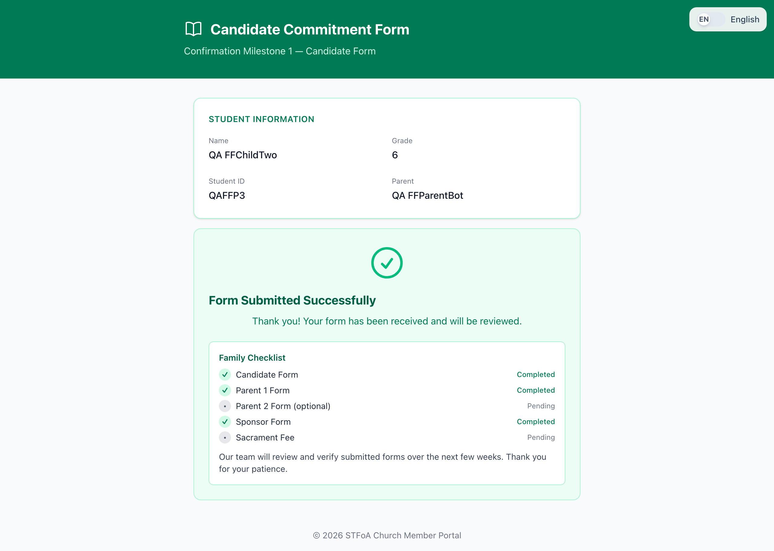 The Candidate form after it has been submitted and approved: student information, the baptism certificate status, and the Family Checklist showing every form's progress.