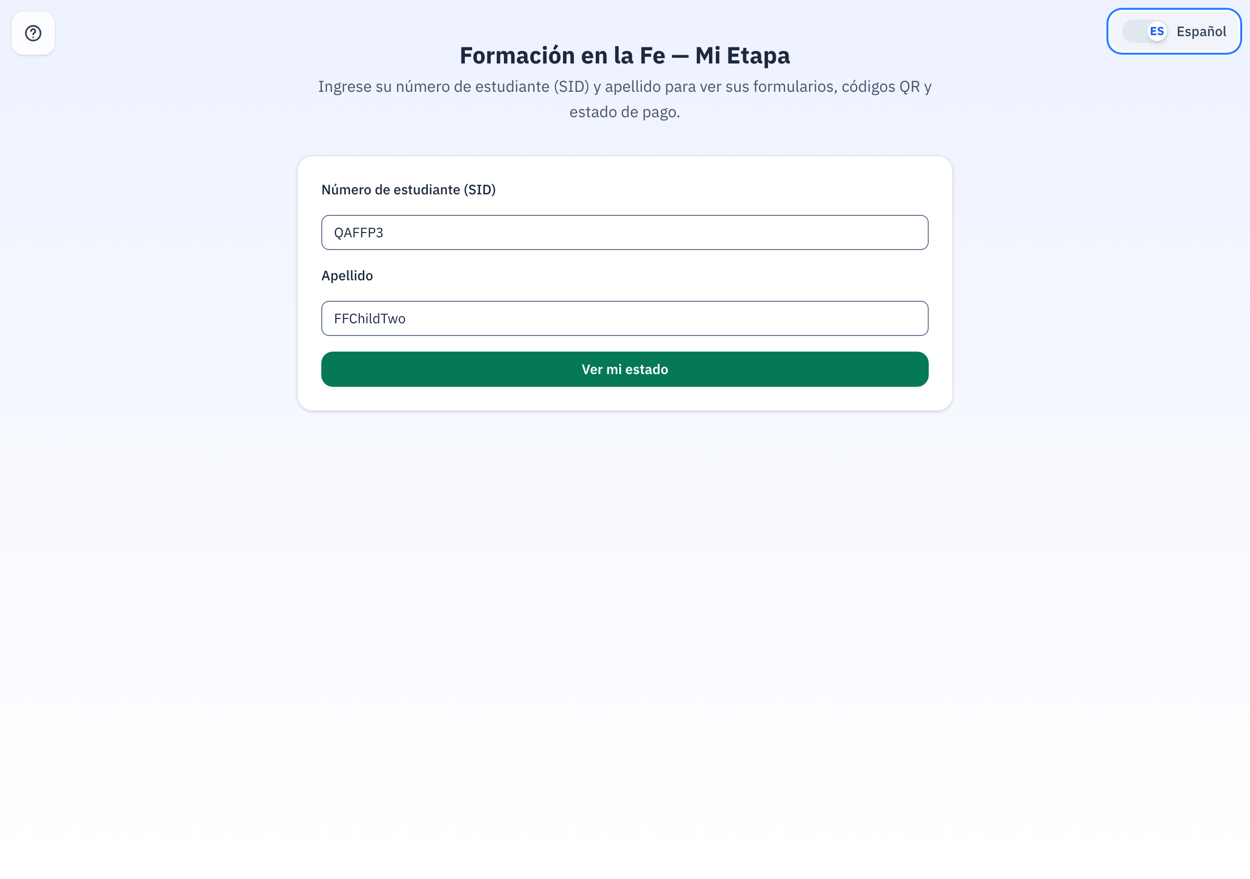 QA FFChildTwo's status page: the baptism record card, then a Confirmation section with four cards, then a First Communion section with three.