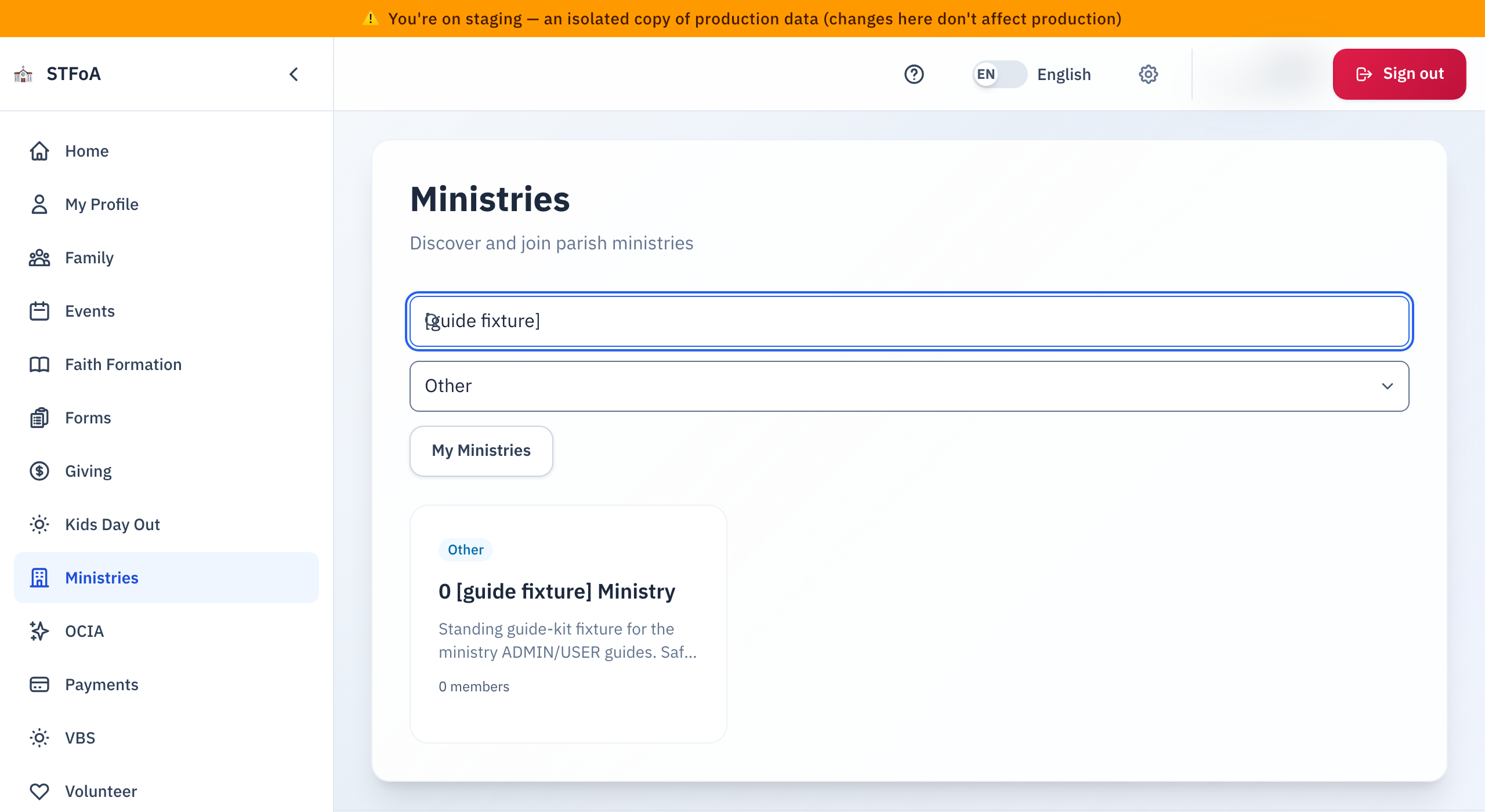 The list narrowed to one ministry by search and category together.