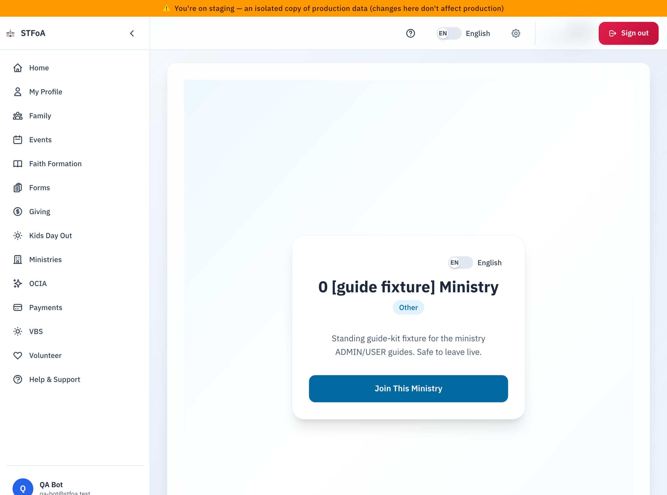 The ministry signup page, signed in and ready to join.