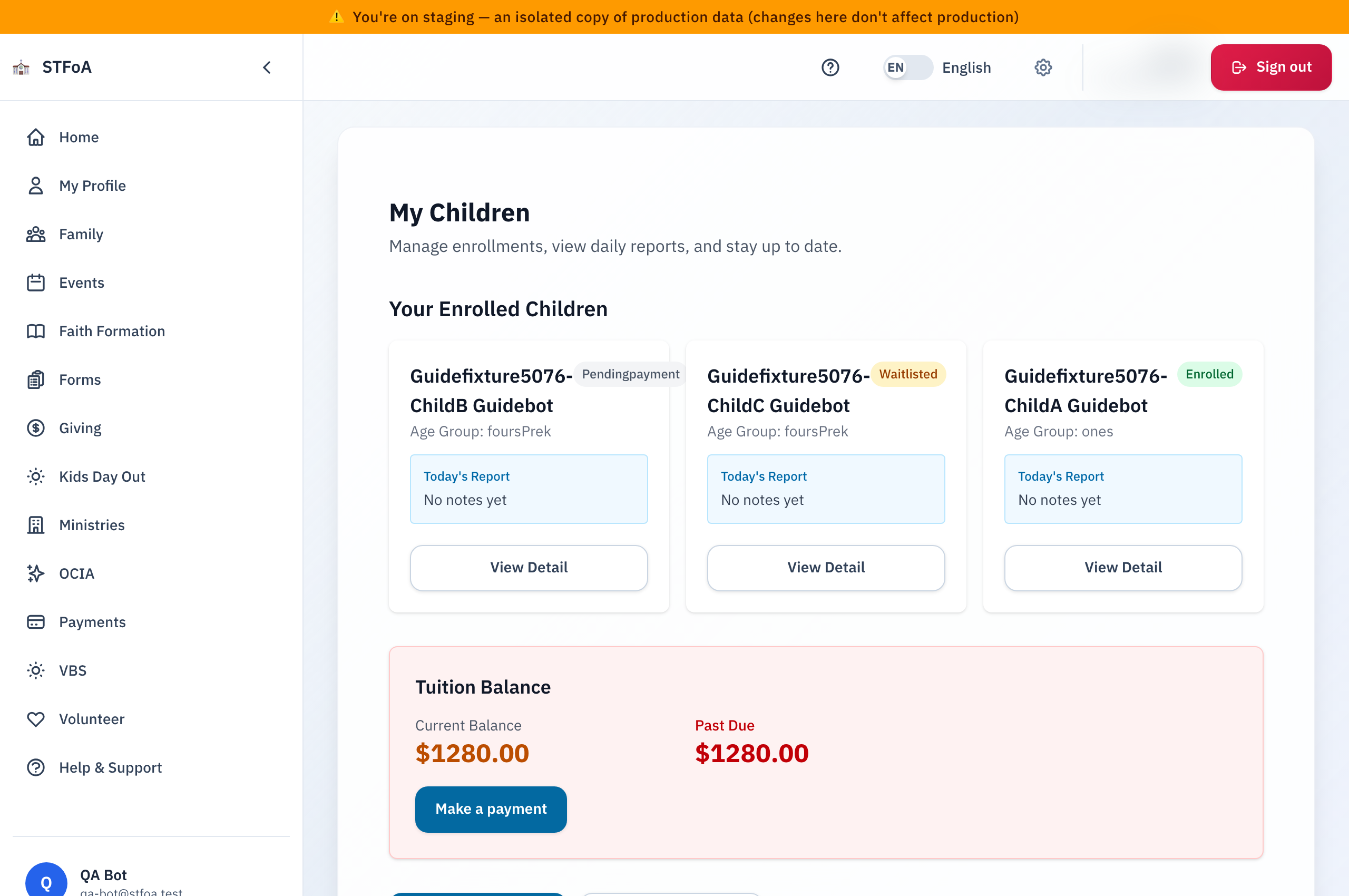 The My Children dashboard, with several children's cards — Enrolled, Pending Payment, and Waitlisted — each showing age group, today's report, and a View Detail button.