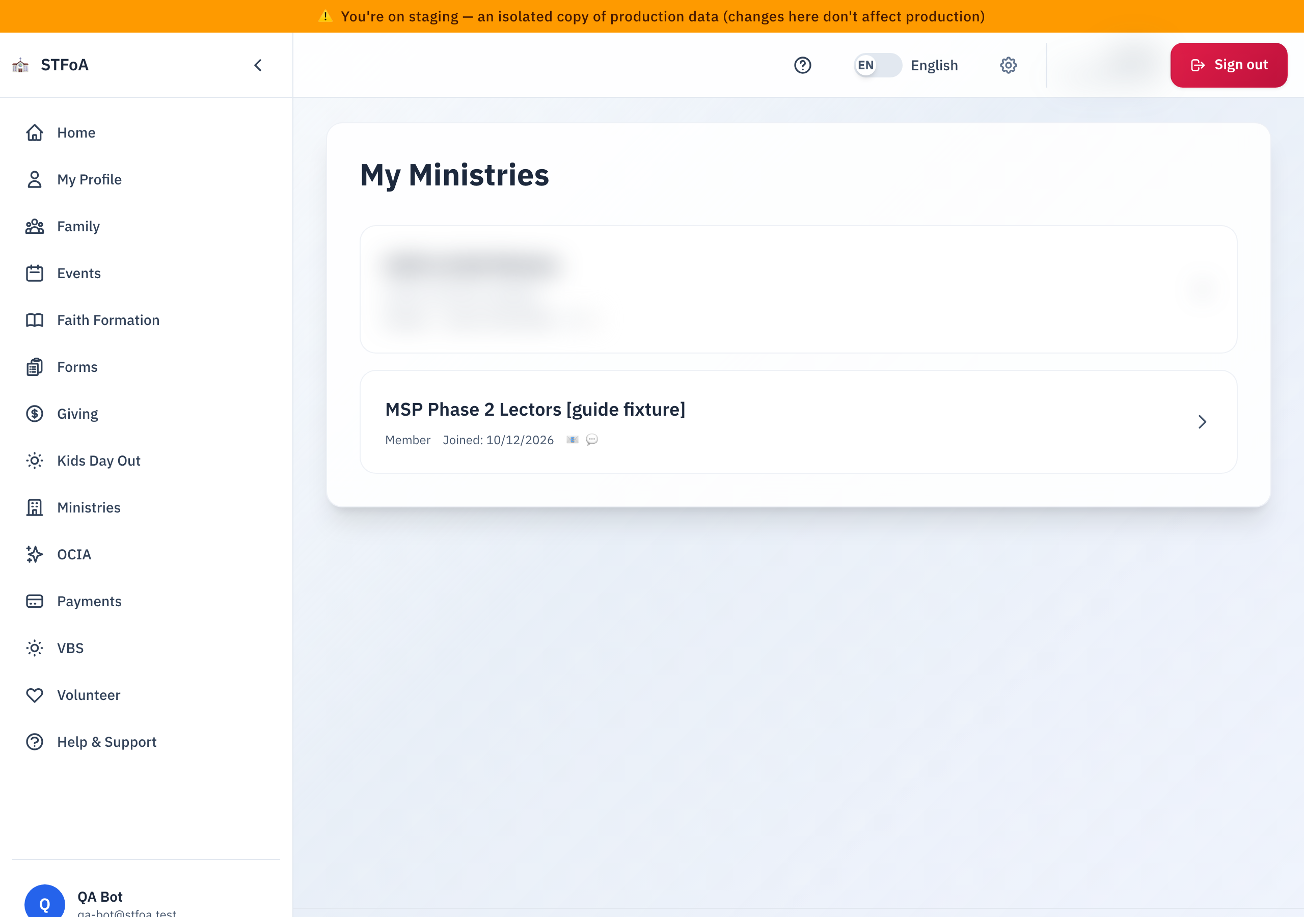 Your My Ministries page, with a new-message badge on one ministry.