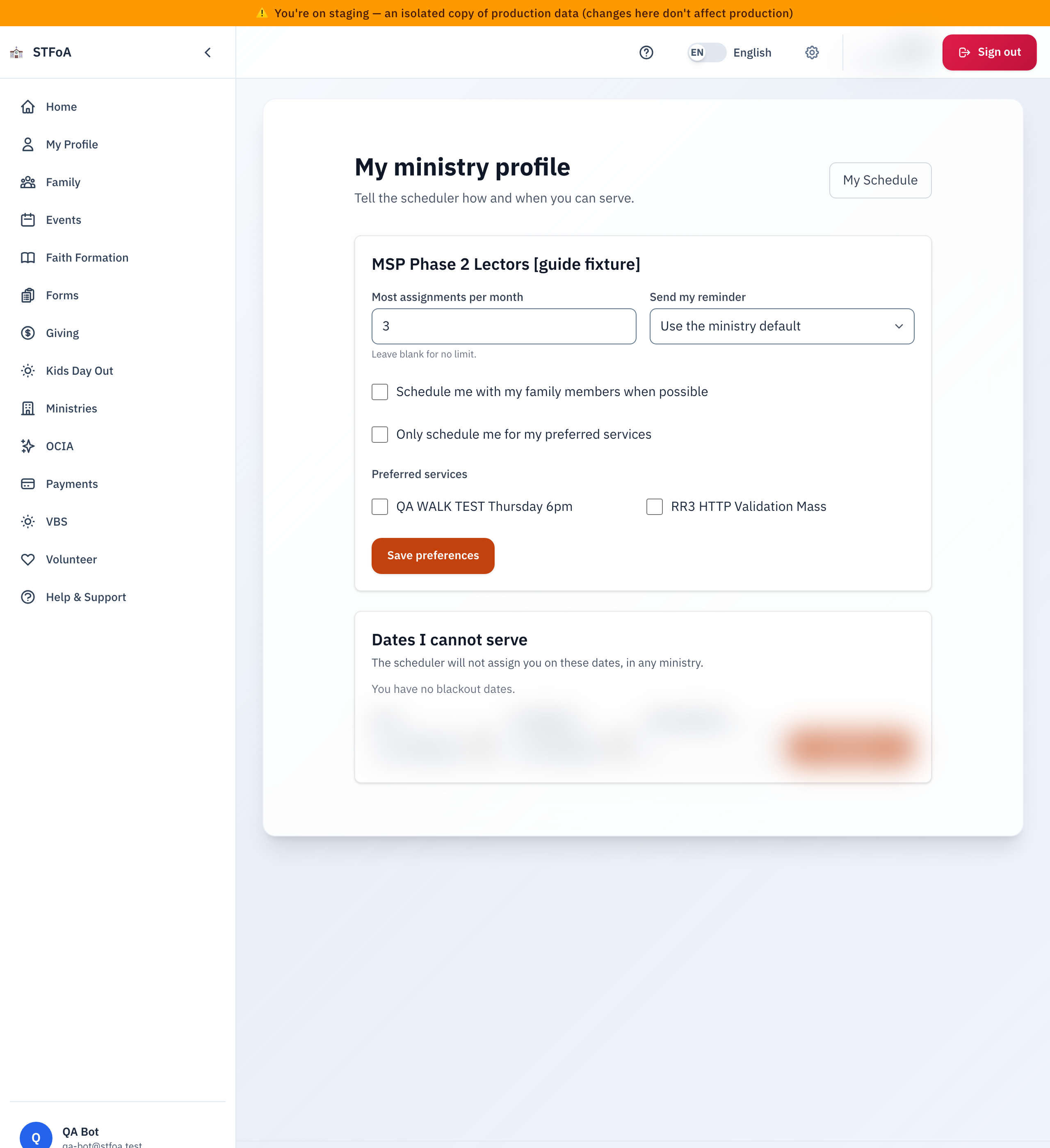 The My ministry profile page, with one card for each scheduled ministry.