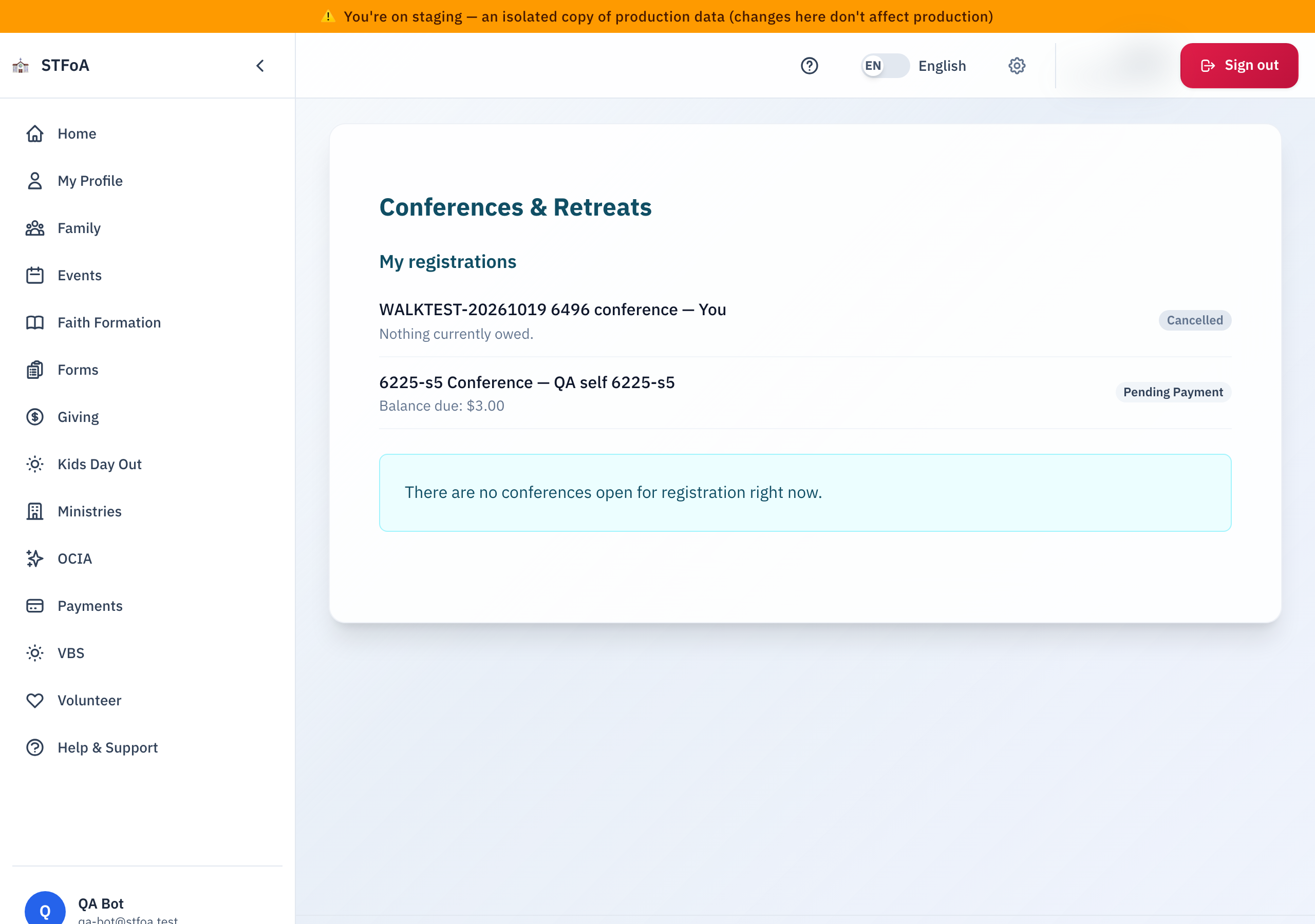 The conferences page and the My registrations list.
