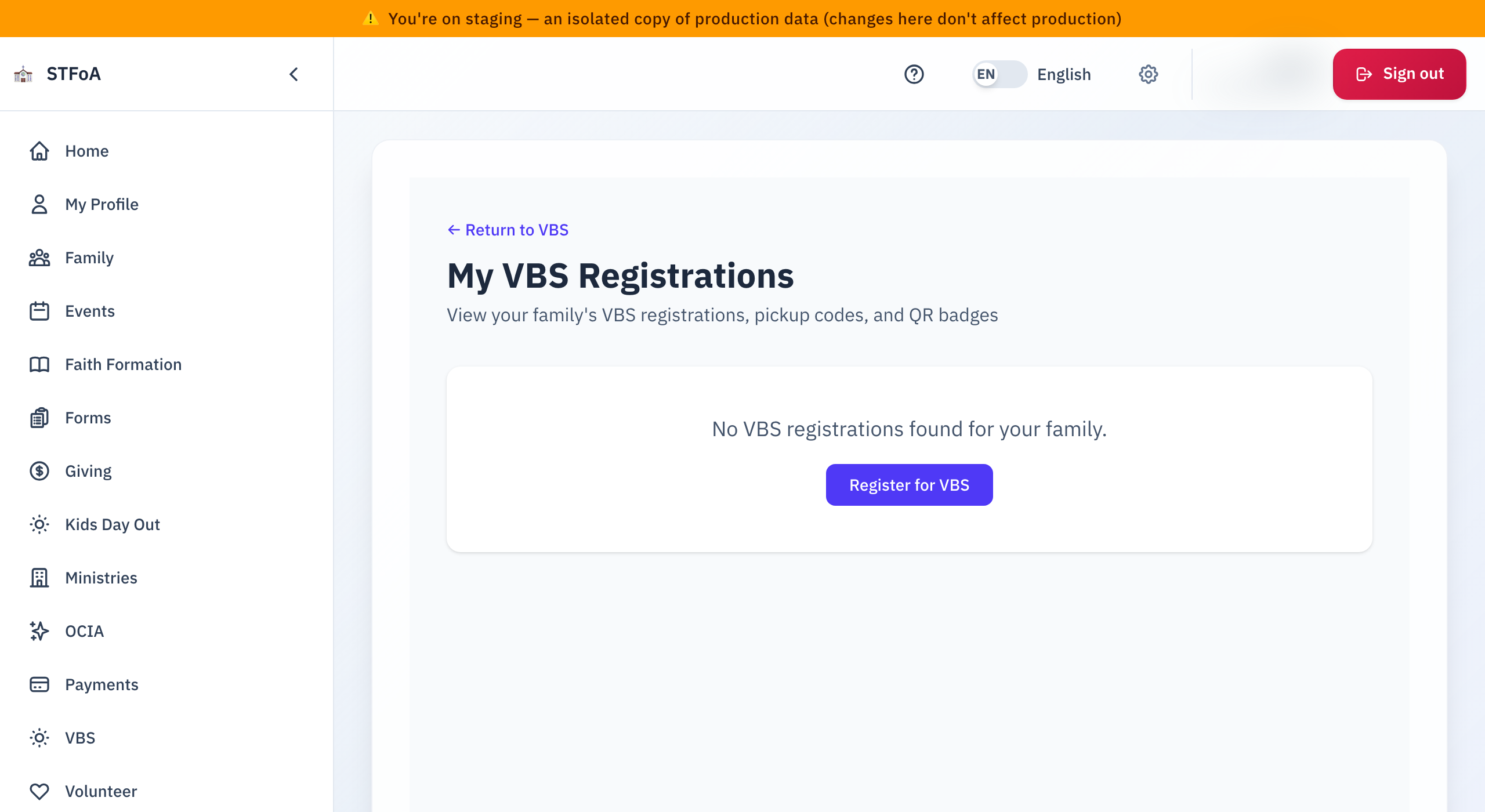 The My VBS Registrations page when the family has no registration yet.