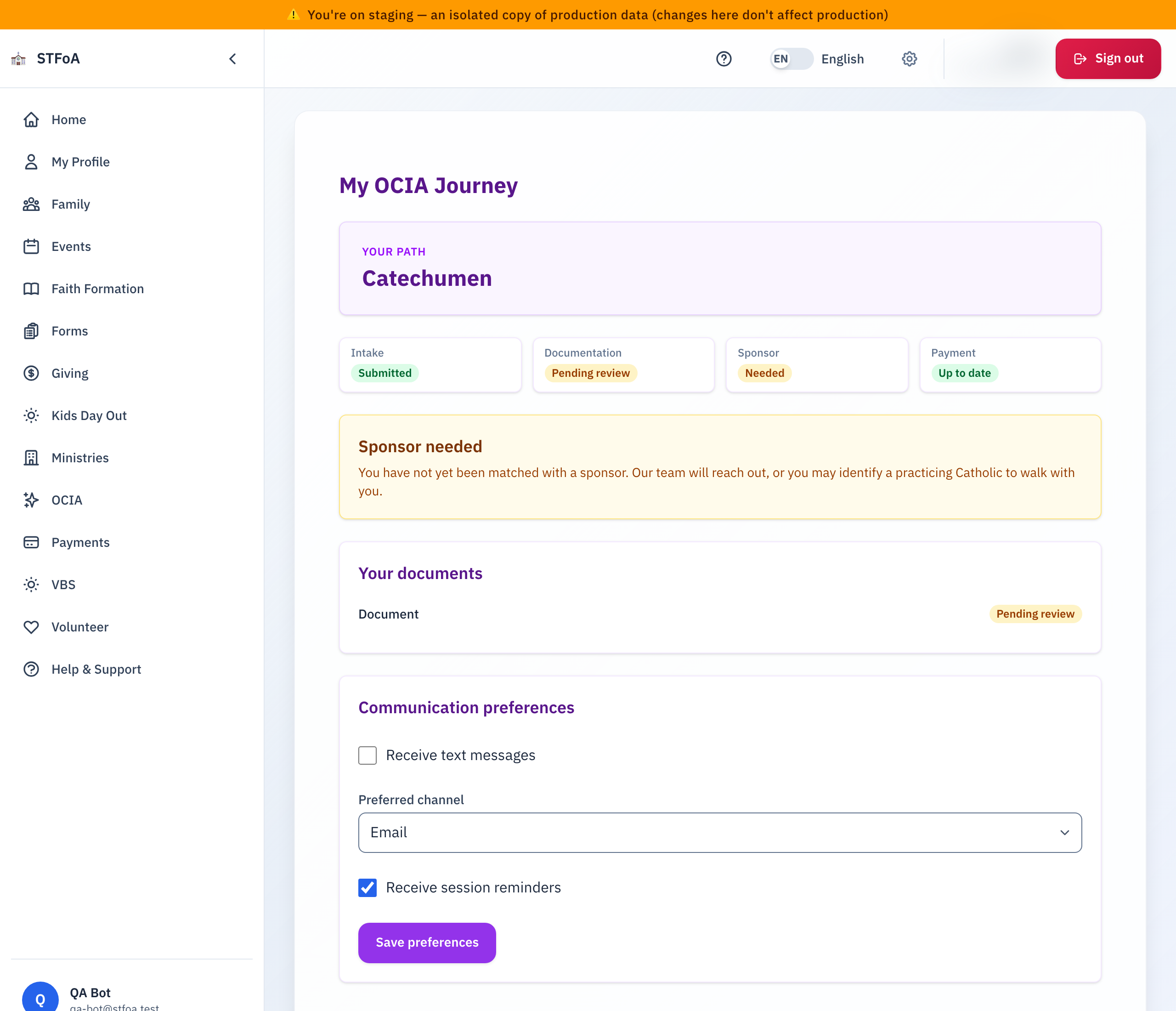 The My OCIA Journey page, with Your Path, four status tiles, a Sponsor needed notice, Your documents, and Communication preferences.