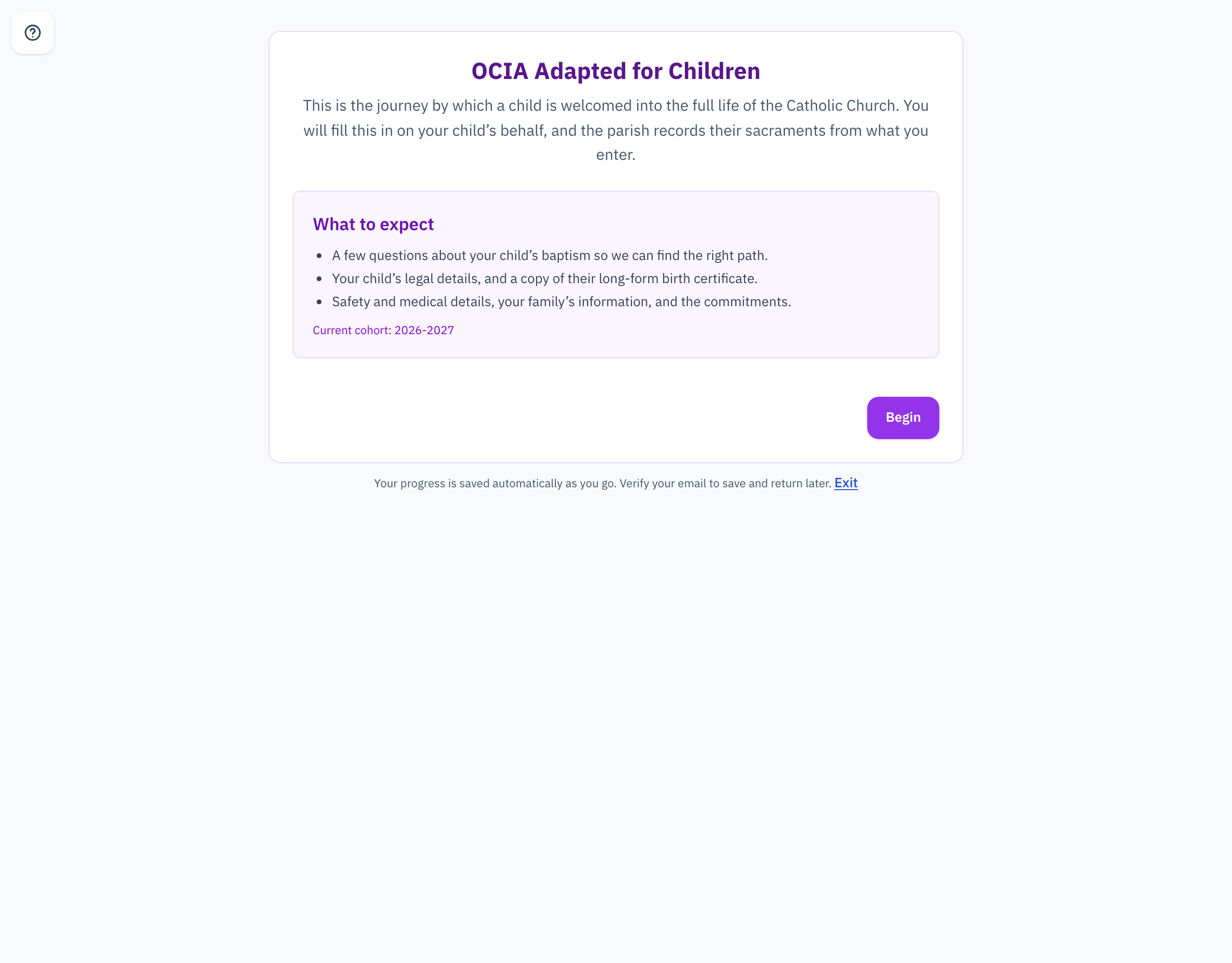 The OCIA Adapted for Children wizard's Welcome step, listing what to expect and the current cohort.