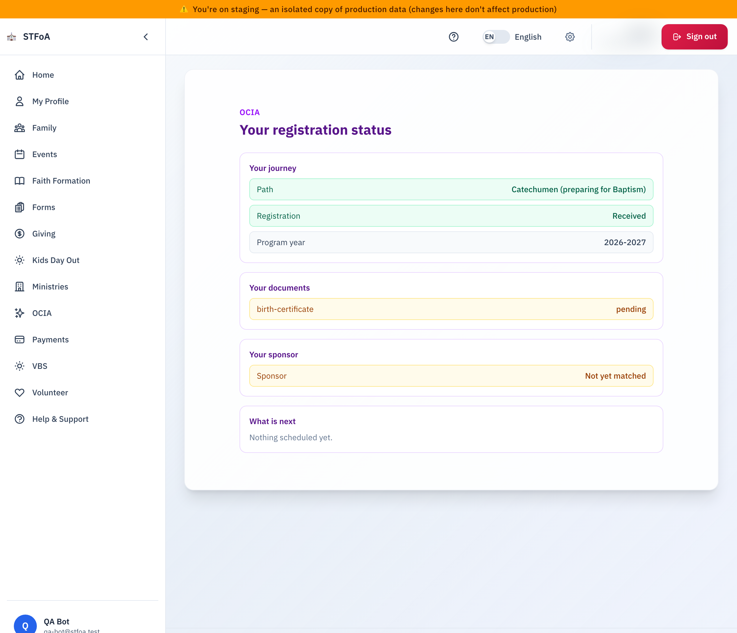 The OCIA registration status page, with Your journey, Your documents, Your sponsor, and What is next.