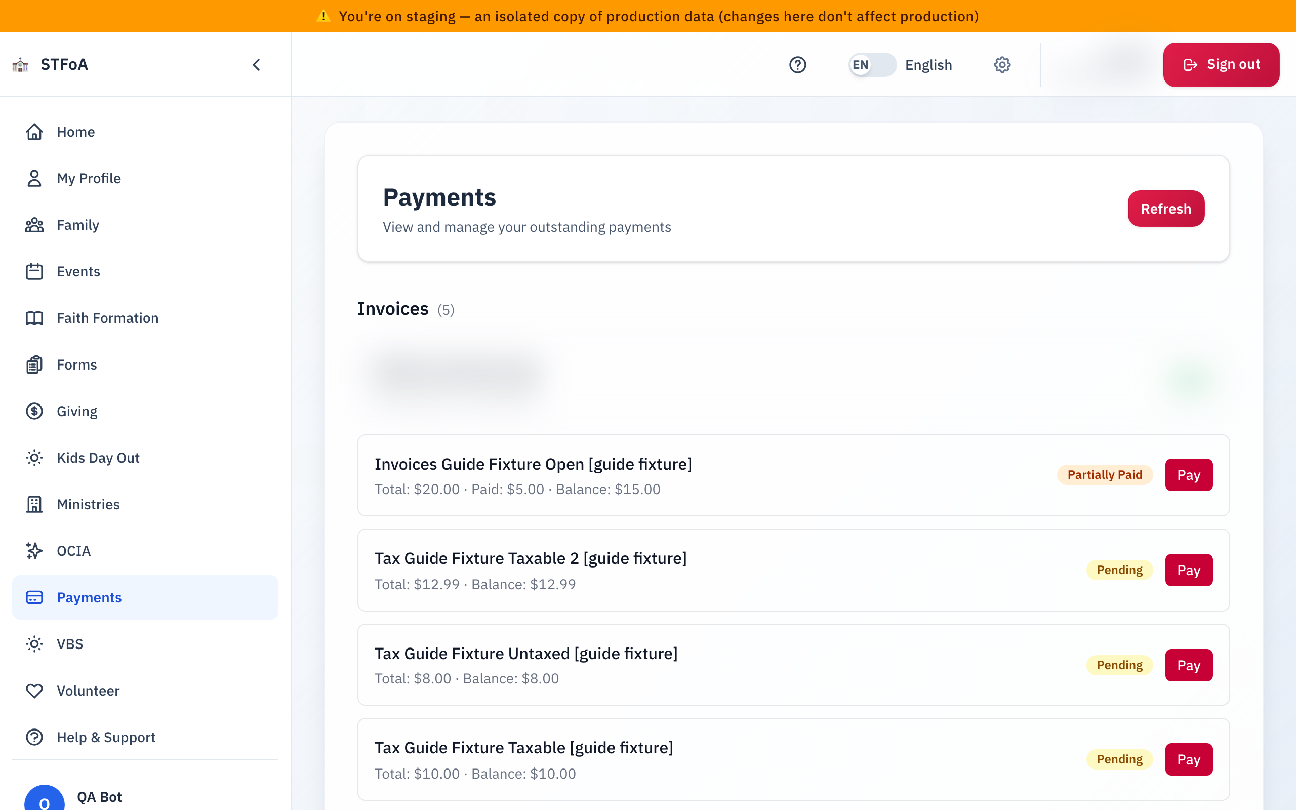 The Invoices section: each invoice shows its total, what you paid, your balance, a status badge, and Pay.
