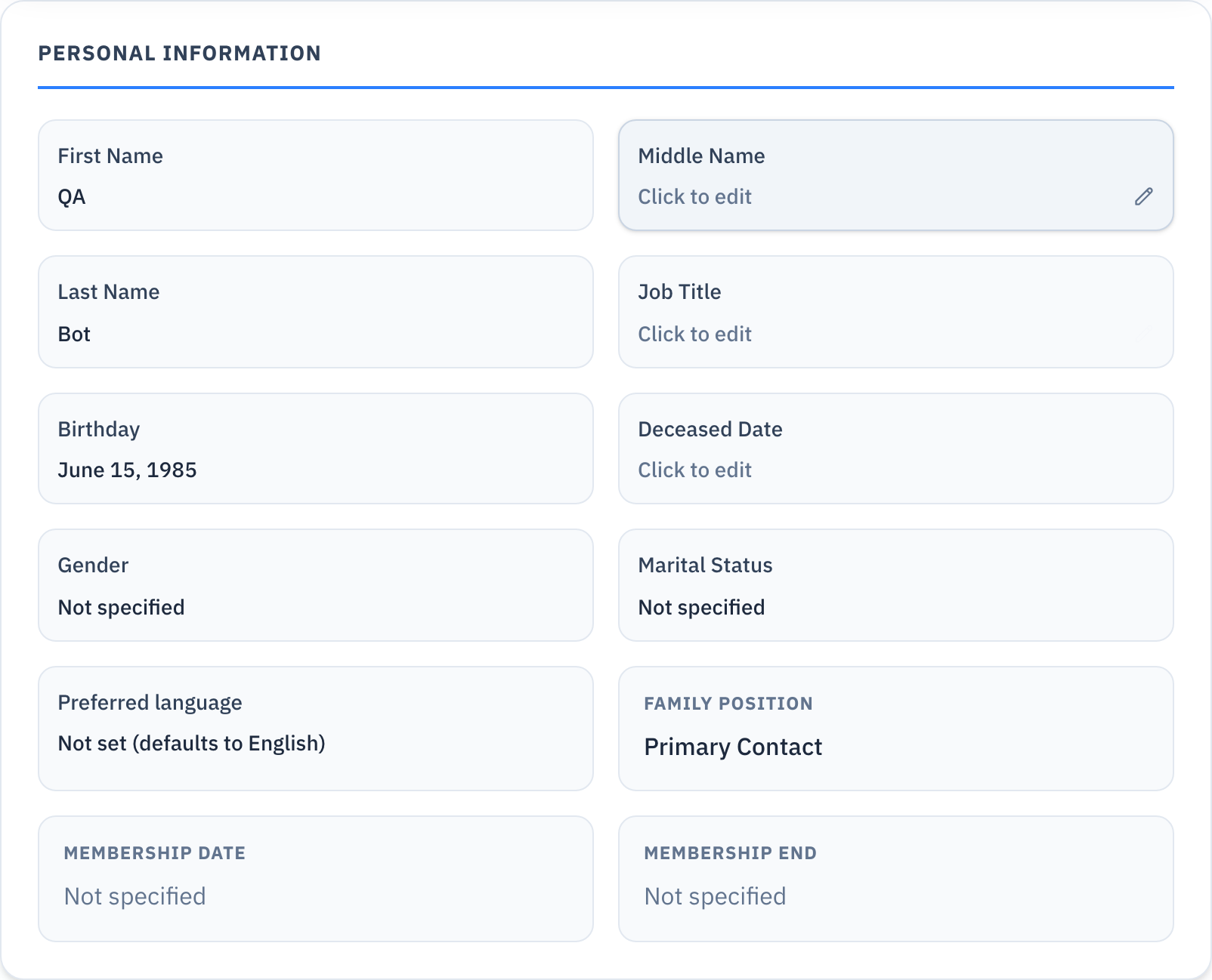 The Personal Information panel.