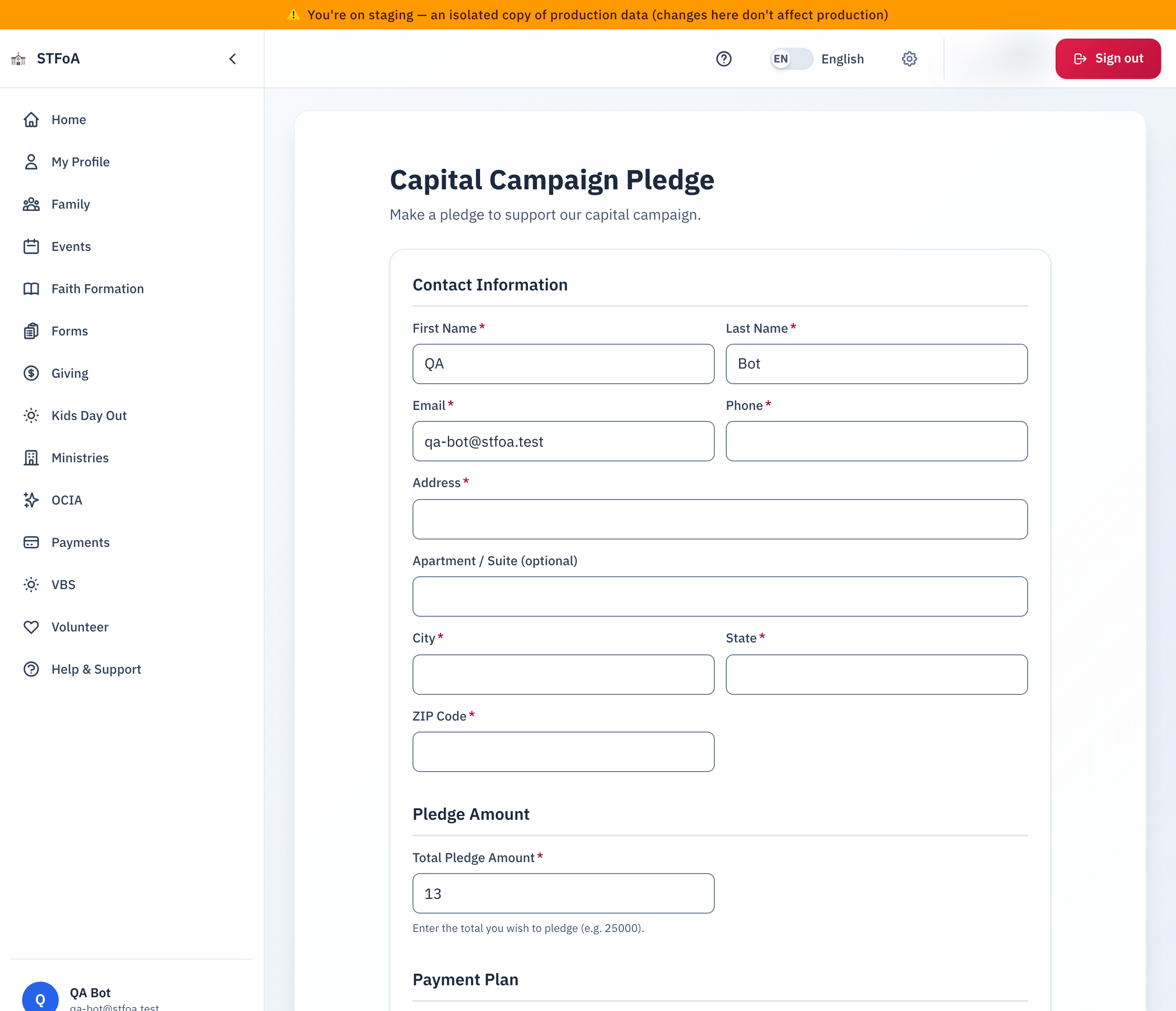 The capital campaign pledge form.