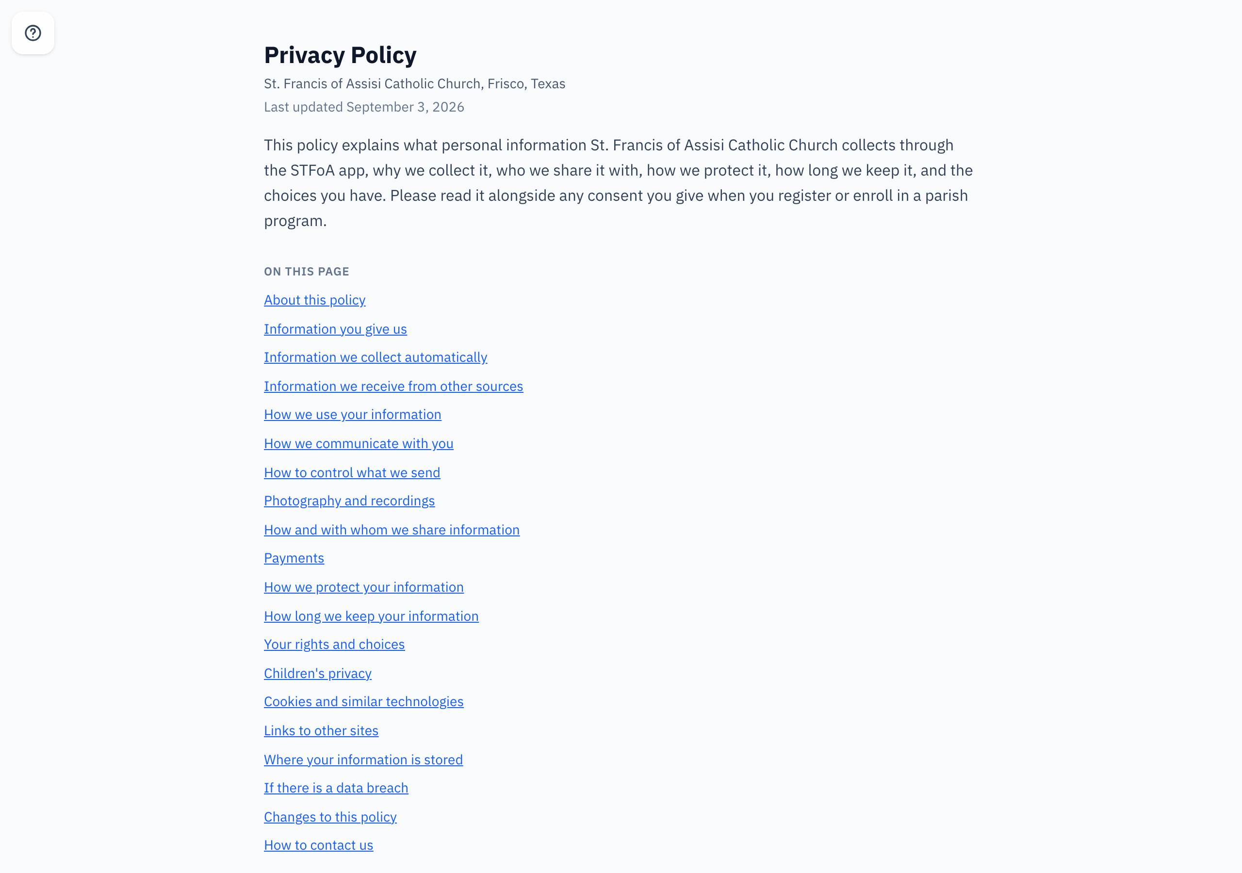 The top of the privacy policy: the title, the last-updated date, the introduction, and the "On this page" list of section links.