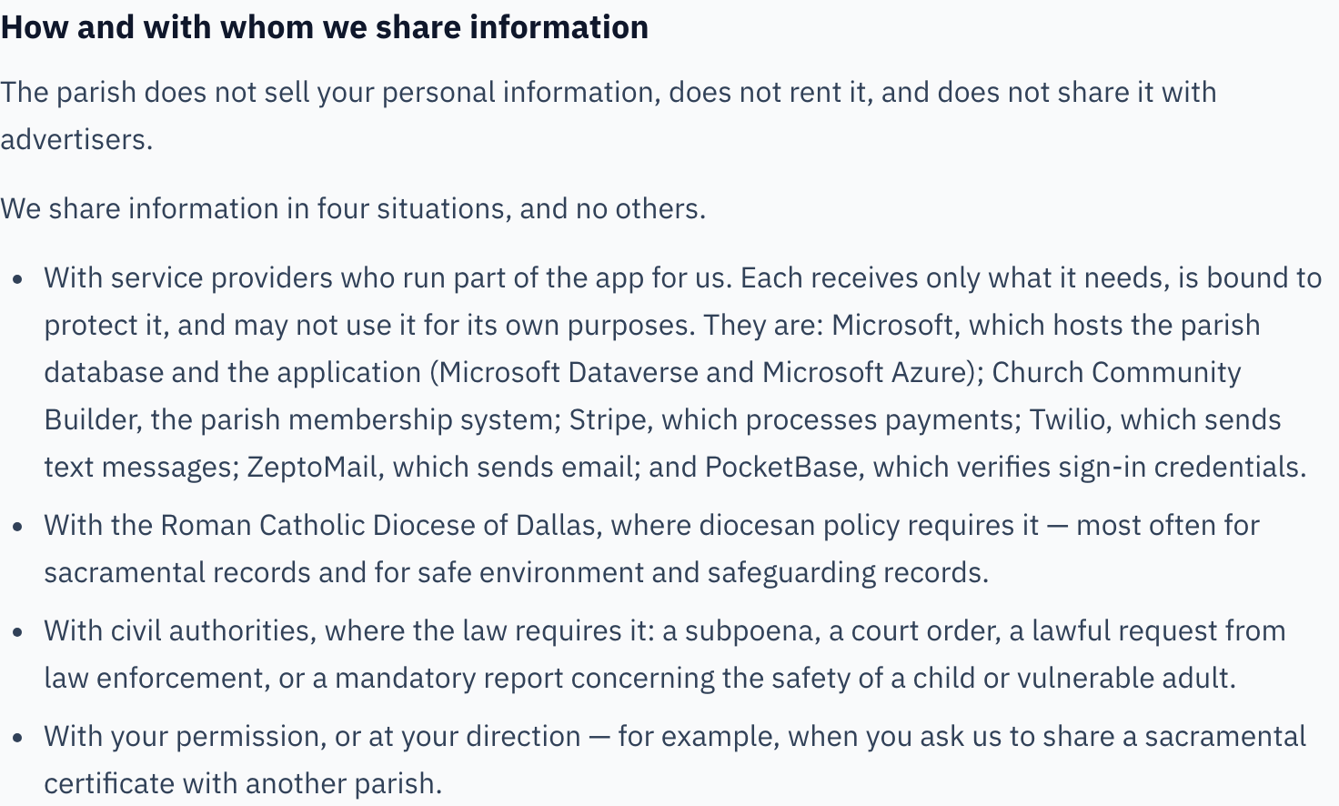 The "How and with whom we share information" section, reached by selecting its link in the "On this page" list.