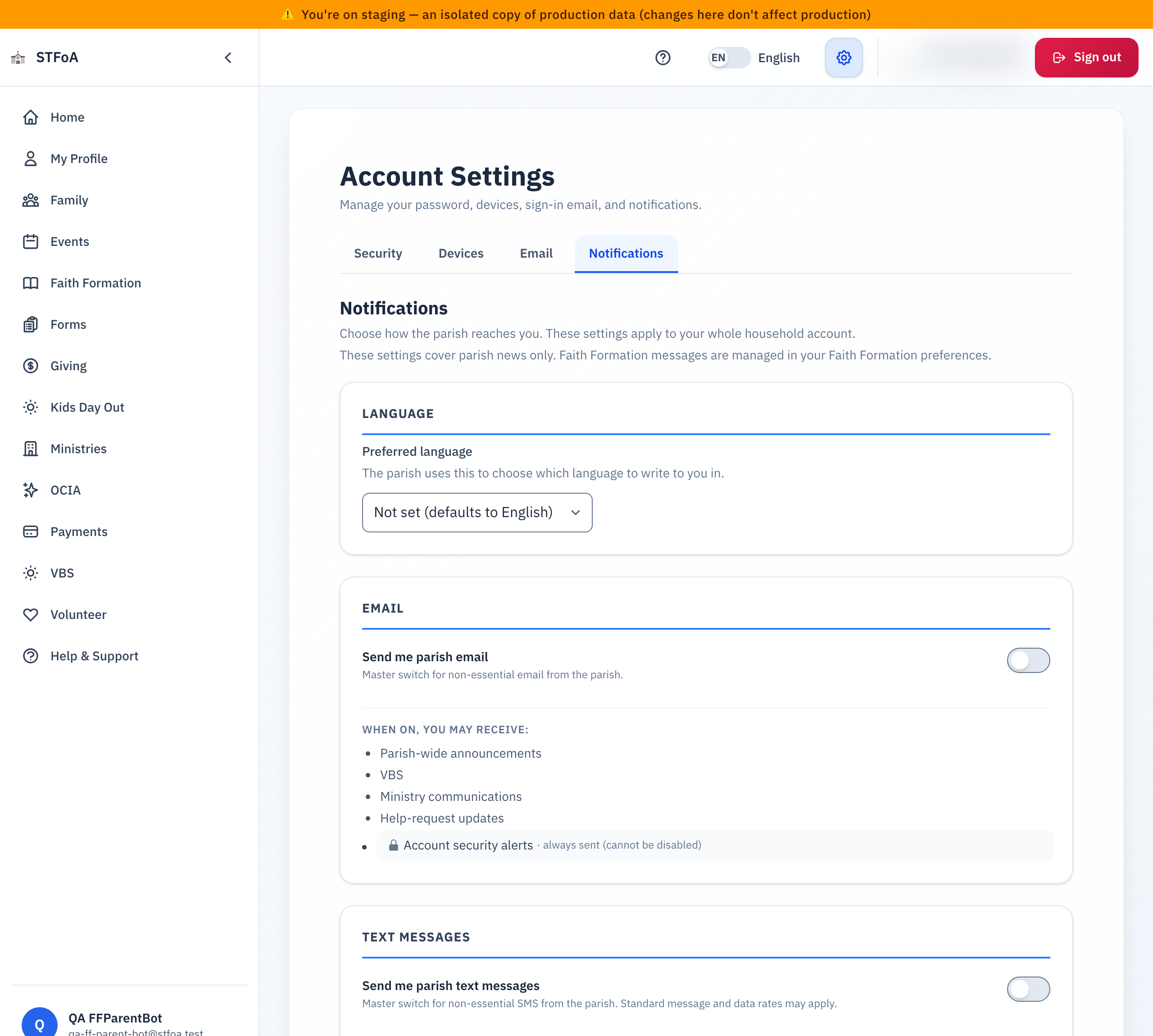 The Account Settings page, with the Notifications tab open, the Language card at the top of the tab, and the "Send me parish email" master switch below it.