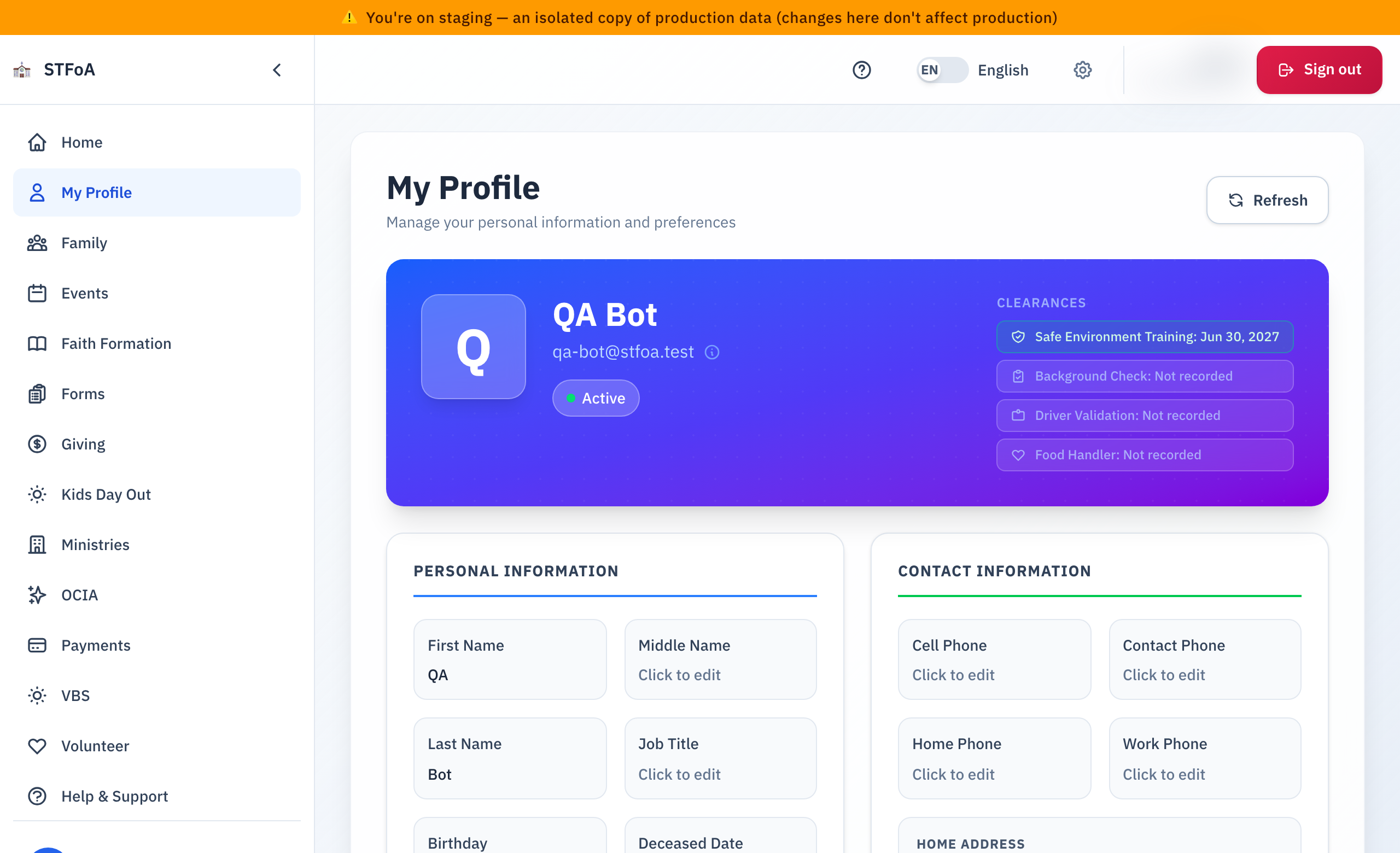 The top of your profile: your name, email, status, and clearance badges.