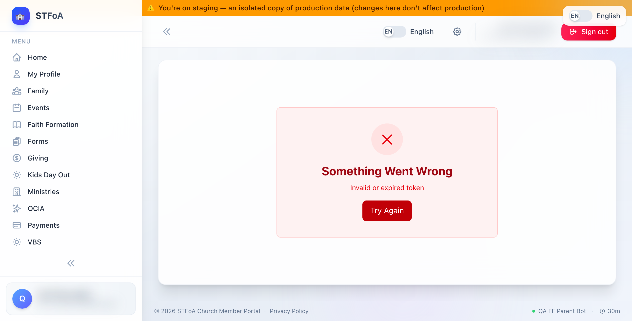 The error screen after a failed QR scan, showing a red X and a "Try Again" button.
