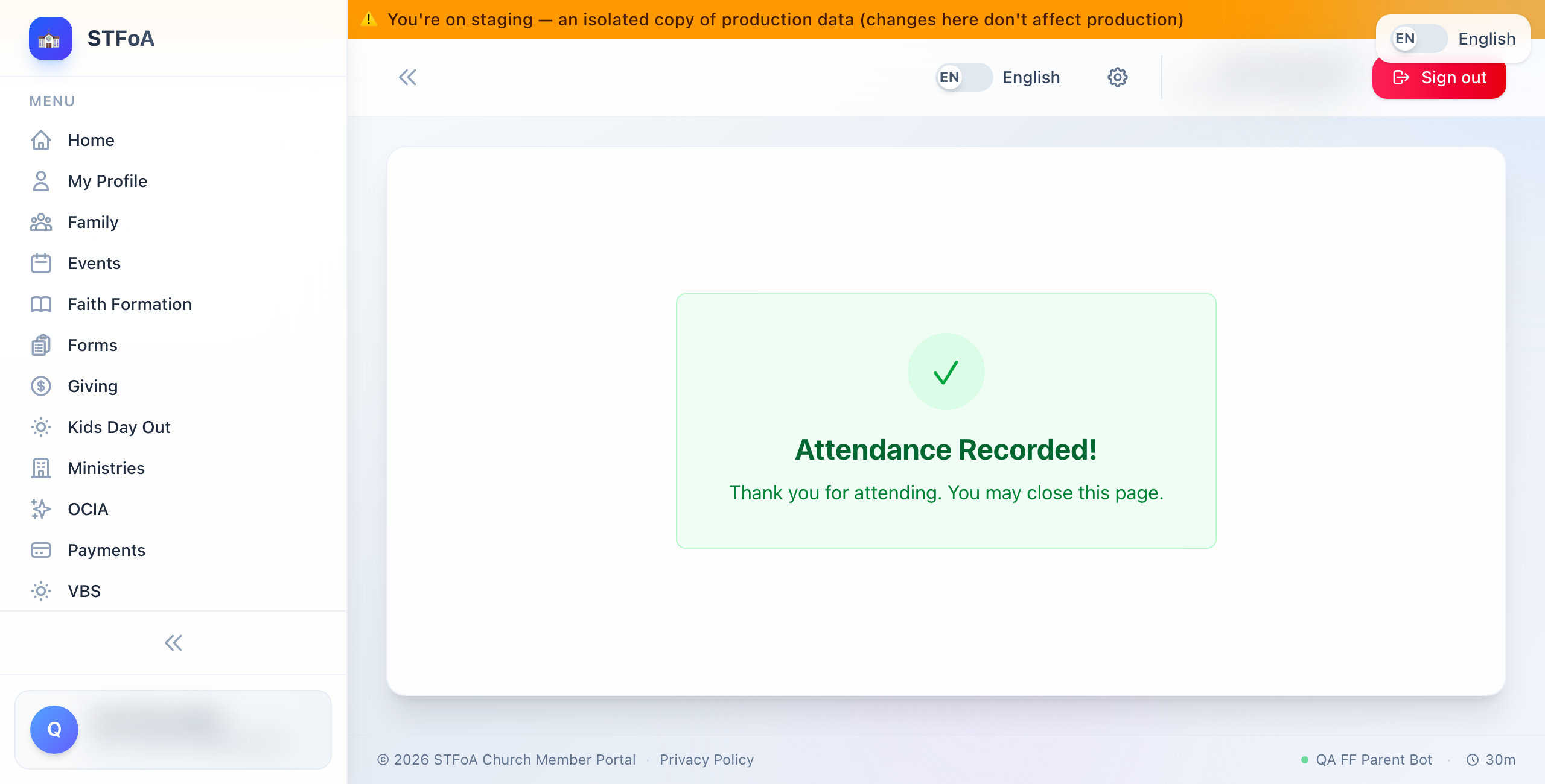 The success screen after a QR scan, showing a green checkmark and "Attendance Recorded!"