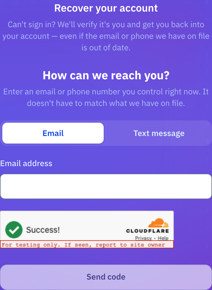 The "How can we reach you?" step, with the Email and Text message choice and the contact field.