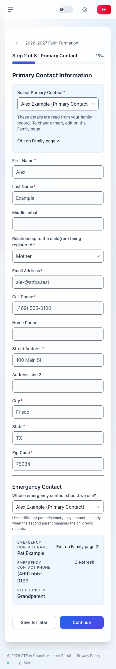 Primary contact fields and the emergency contact section.
