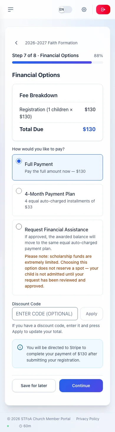 Fee breakdown and payment options.