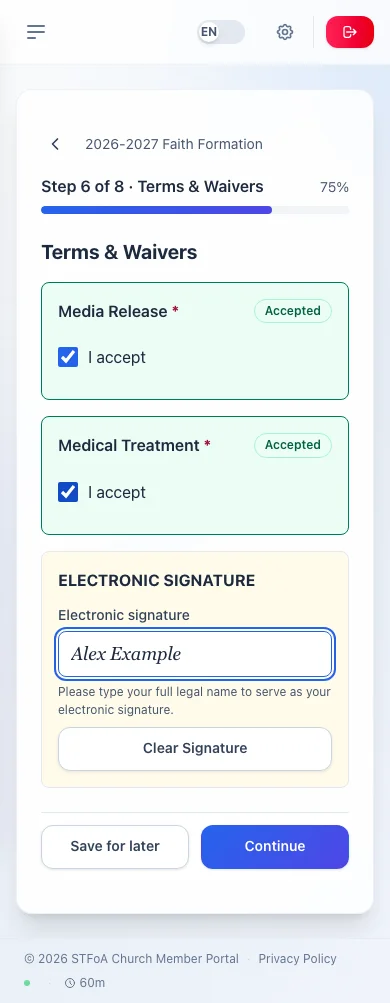 Terms & Waivers, with the electronic signature field.