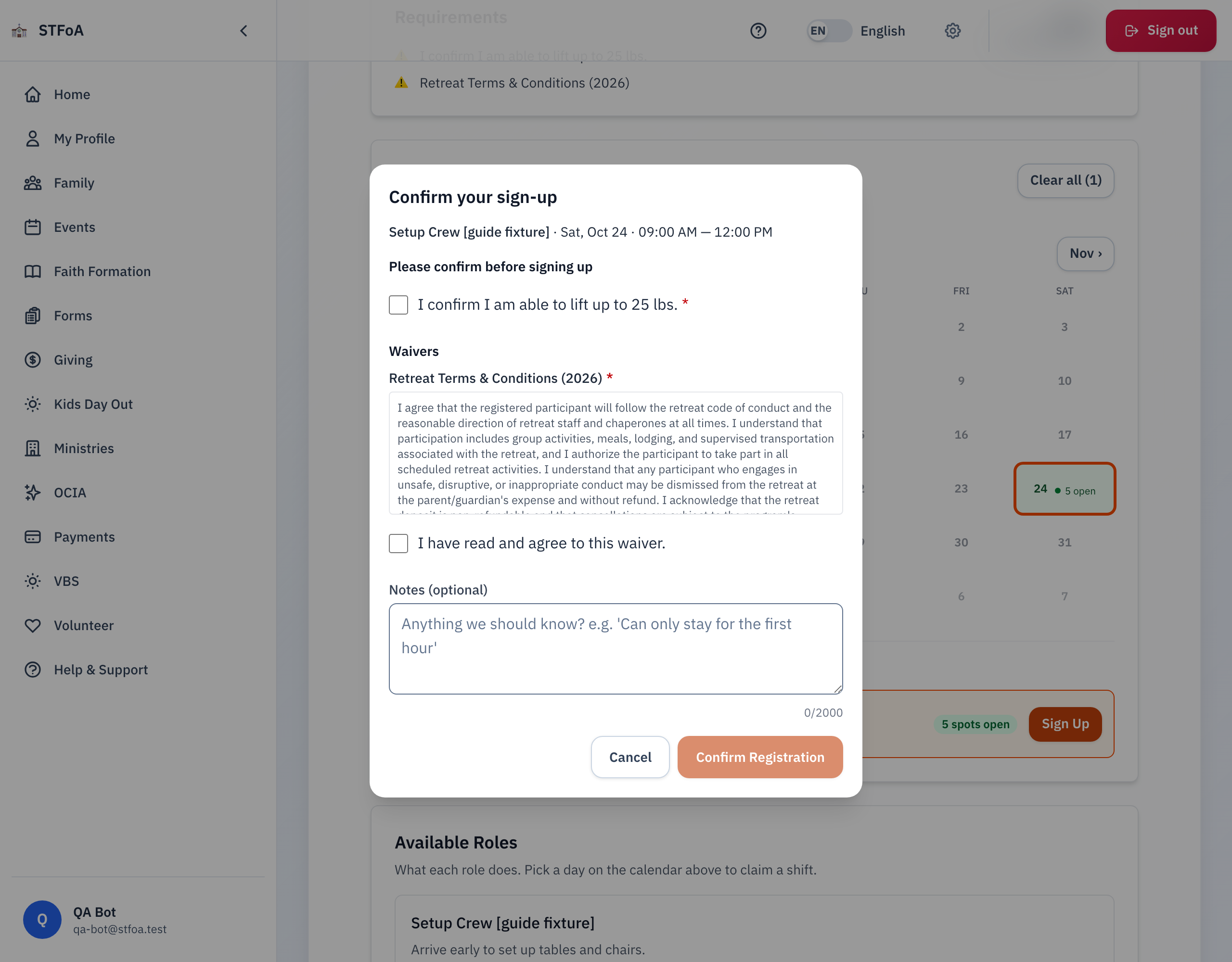 The Confirm your sign-up dialog, with the chosen shift, a required box to check, a waiver to accept, and the Notes field.