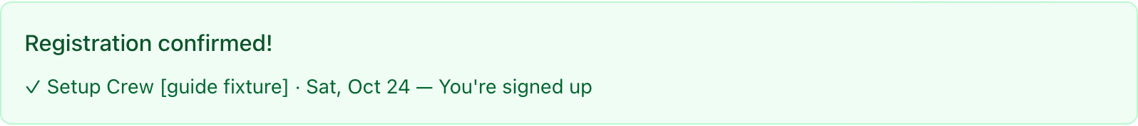 The result banner after confirming — the shift is checked off as reserved.