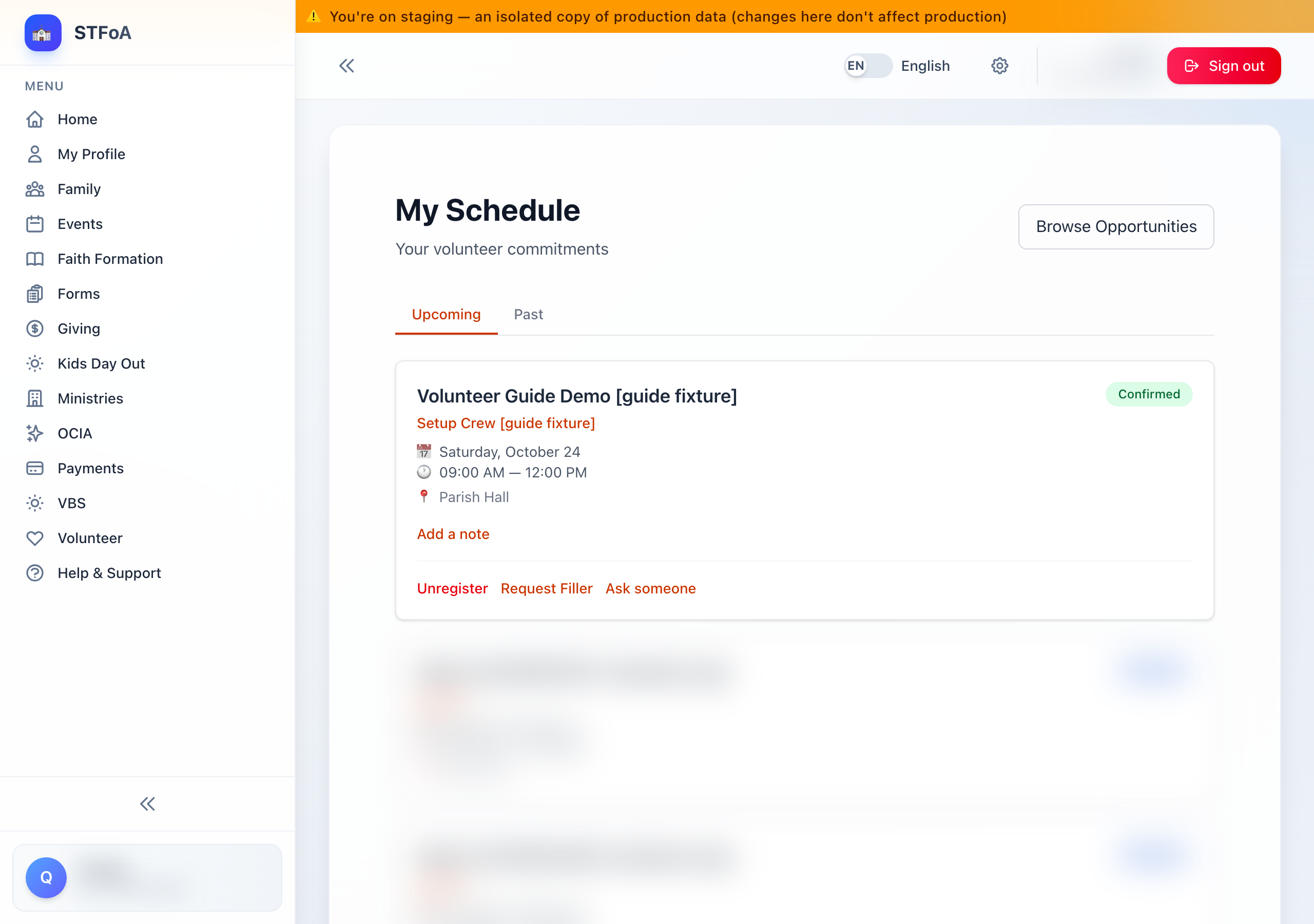 The Upcoming tab, showing one volunteer shift and its status badge.
