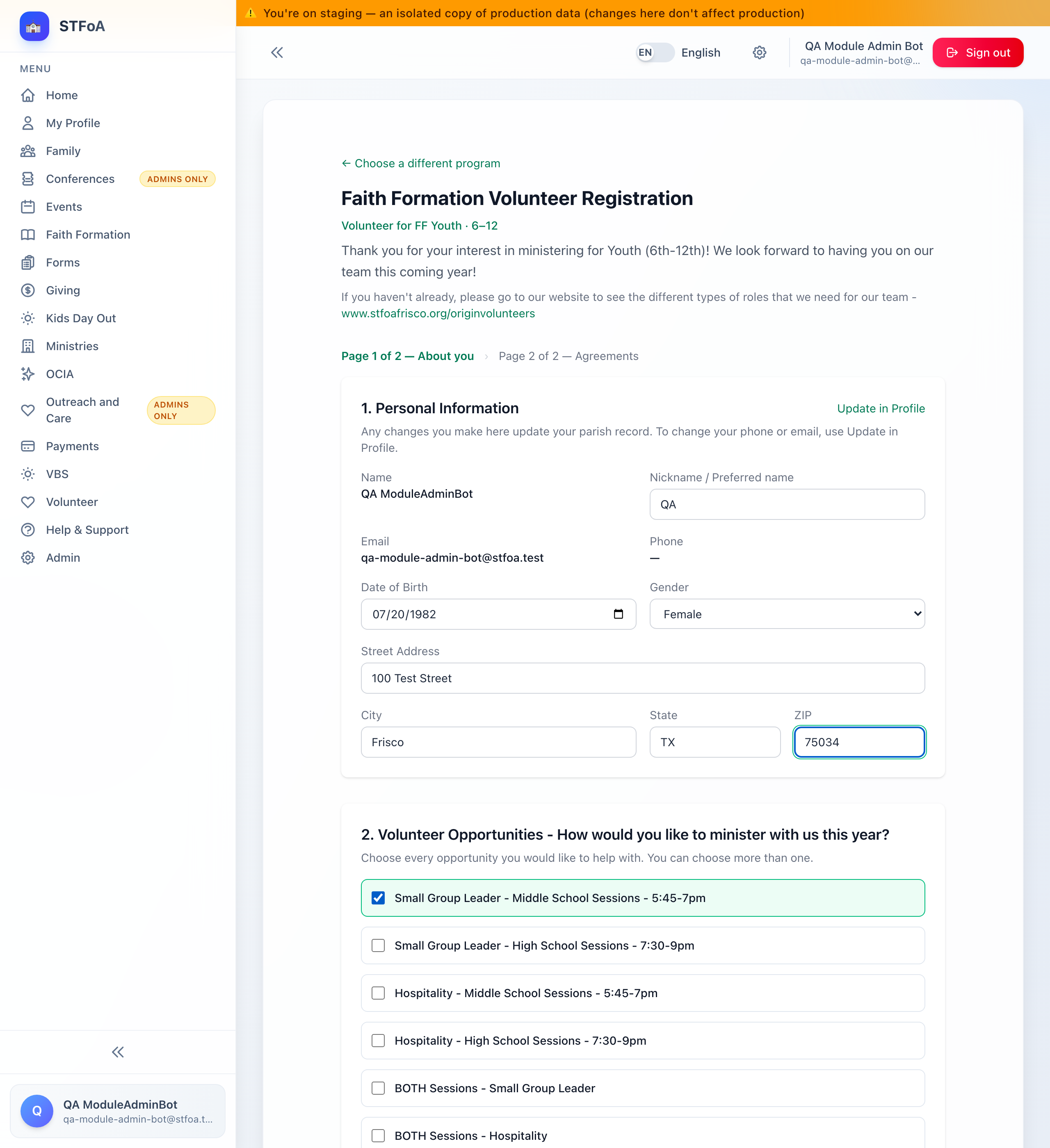A half-filled application page: personal information already on file, an address and gender just typed in, and one Volunteer Opportunity selected.